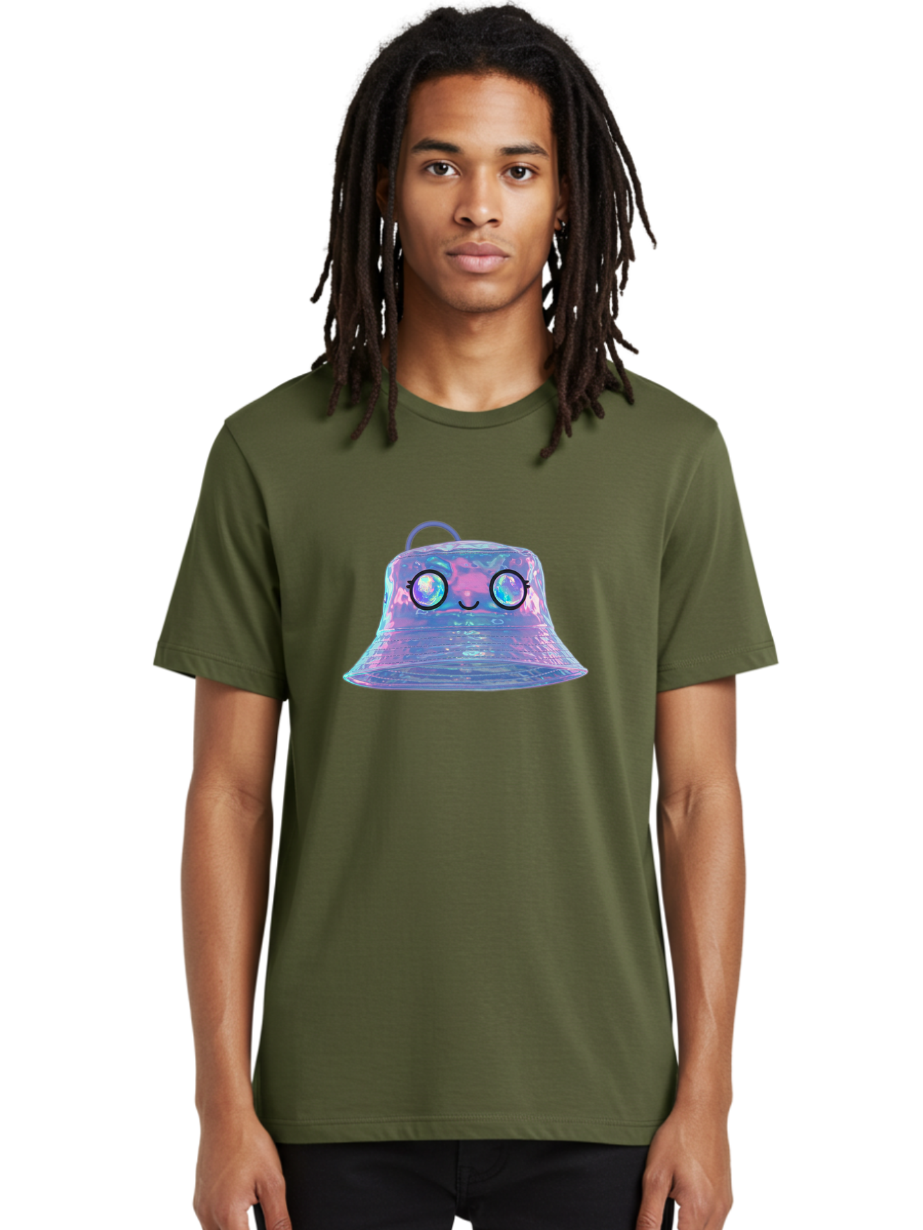 Holographic-Bell Men'S Graphic Tee, 100% Cotton, Comfortable Casual Summer Wear, Machine Washable, Iridescent Bell, Holographic Sheen, Kawaii Character, Cartoon-Style Eyes, Happy Face, Shiny Appearance, Purple And Blue Hues, Bad198