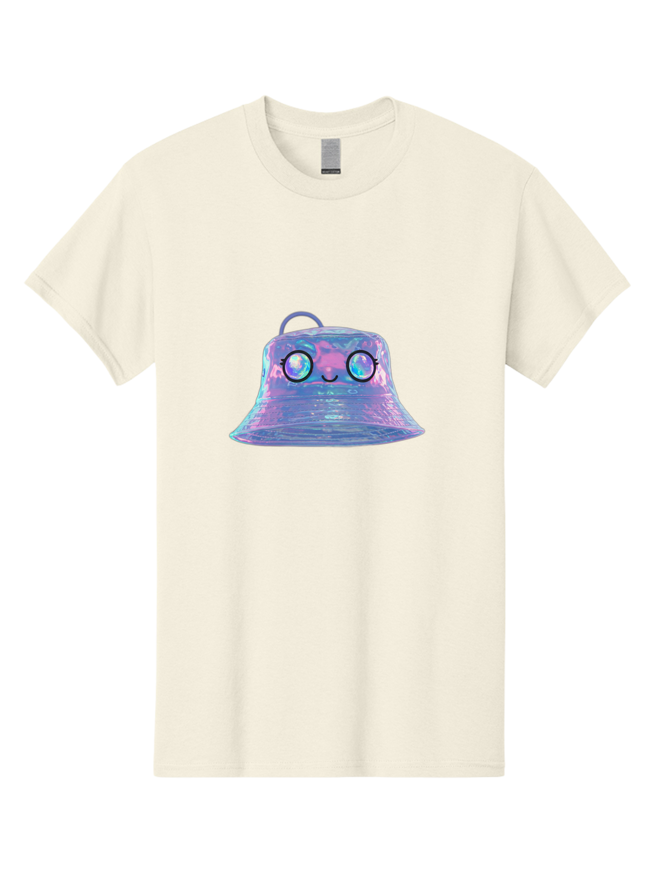 Holographic-Bell Men'S Graphic Tee, 100% Cotton, Comfortable Casual Summer Wear, Machine Washable, Iridescent Bell, Holographic Sheen, Kawaii Character, Cartoon-Style Eyes, Happy Face, Shiny Appearance, Purple And Blue Hues, Bad198