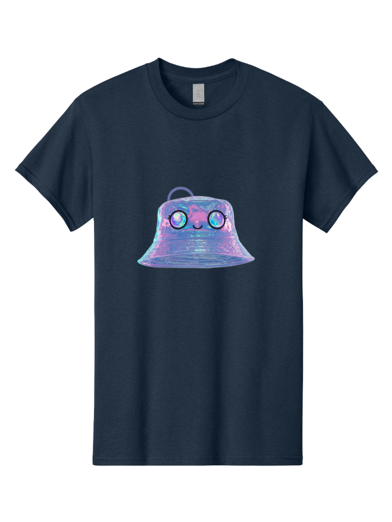 Holographic-Bell Men'S Graphic Tee, 100% Cotton, Comfortable Casual Summer Wear, Machine Washable, Iridescent Bell, Holographic Sheen, Kawaii Character, Cartoon-Style Eyes, Happy Face, Shiny Appearance, Purple And Blue Hues, Bad198