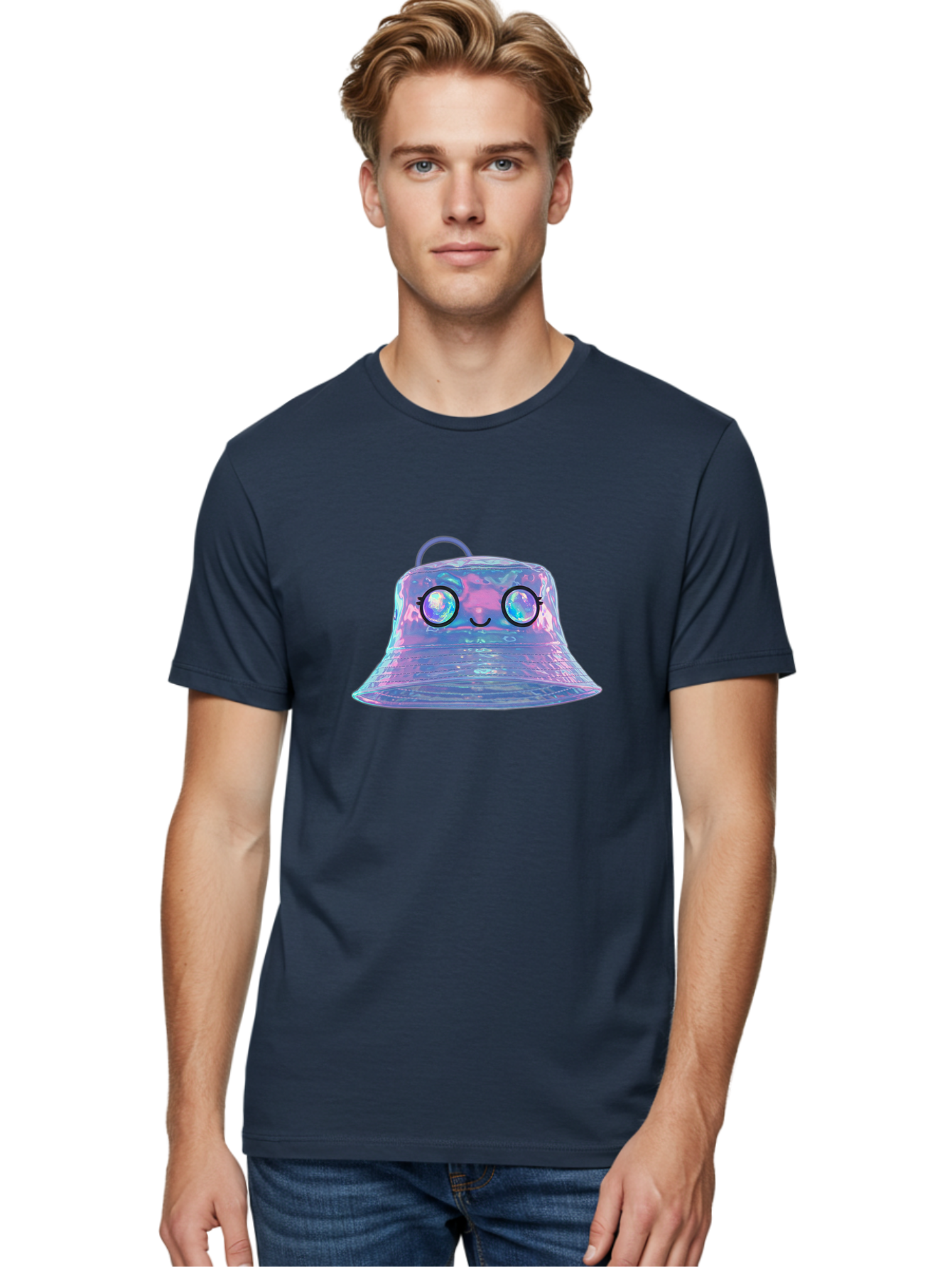 Holographic-Bell Men'S Graphic Tee, 100% Cotton, Comfortable Casual Summer Wear, Machine Washable, Iridescent Bell, Holographic Sheen, Kawaii Character, Cartoon-Style Eyes, Happy Face, Shiny Appearance, Purple And Blue Hues, Bad198