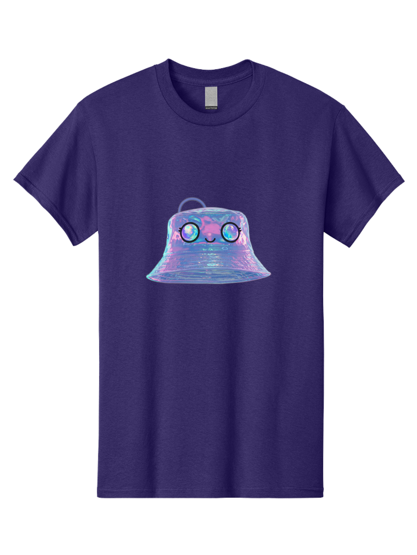 Holographic-Bell Men'S Graphic Tee, 100% Cotton, Comfortable Casual Summer Wear, Machine Washable, Iridescent Bell, Holographic Sheen, Kawaii Character, Cartoon-Style Eyes, Happy Face, Shiny Appearance, Purple And Blue Hues, Bad198
