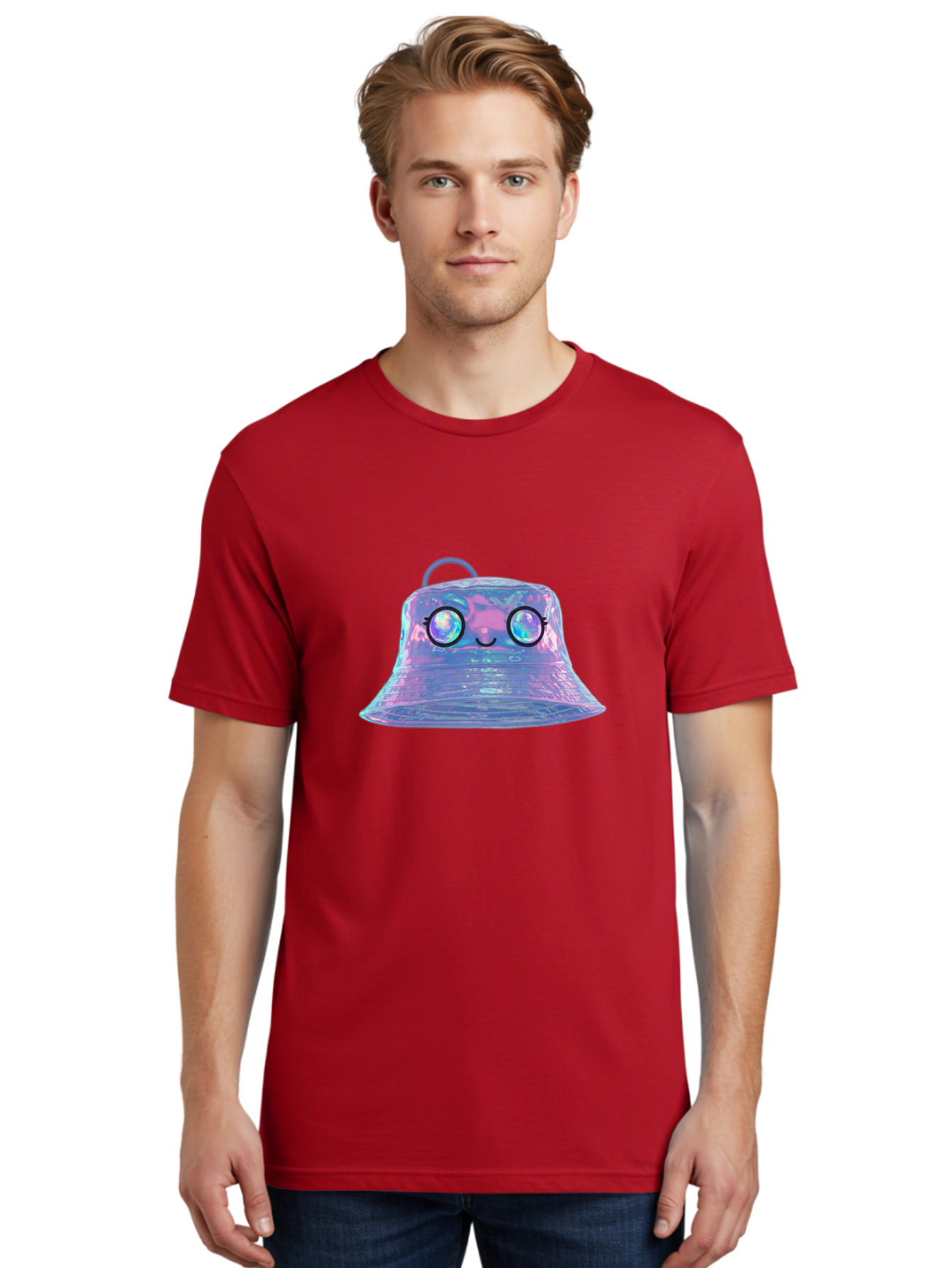 Holographic-Bell Men'S Graphic Tee, 100% Cotton, Comfortable Casual Summer Wear, Machine Washable, Iridescent Bell, Holographic Sheen, Kawaii Character, Cartoon-Style Eyes, Happy Face, Shiny Appearance, Purple And Blue Hues, Bad198