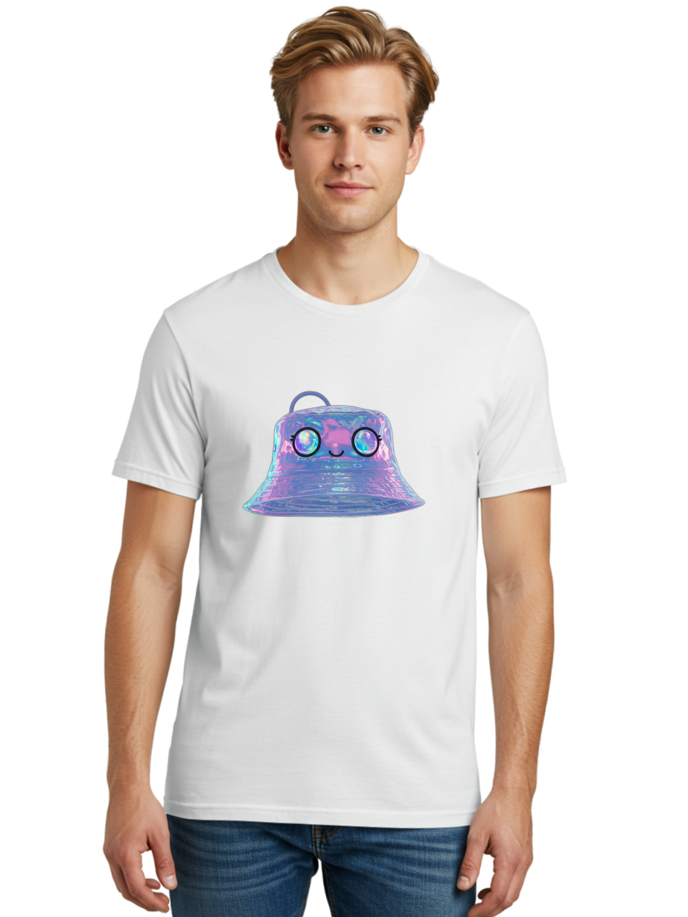 Holographic-Bell Men'S Graphic Tee, 100% Cotton, Comfortable Casual Summer Wear, Machine Washable, Iridescent Bell, Holographic Sheen, Kawaii Character, Cartoon-Style Eyes, Happy Face, Shiny Appearance, Purple And Blue Hues, Bad198