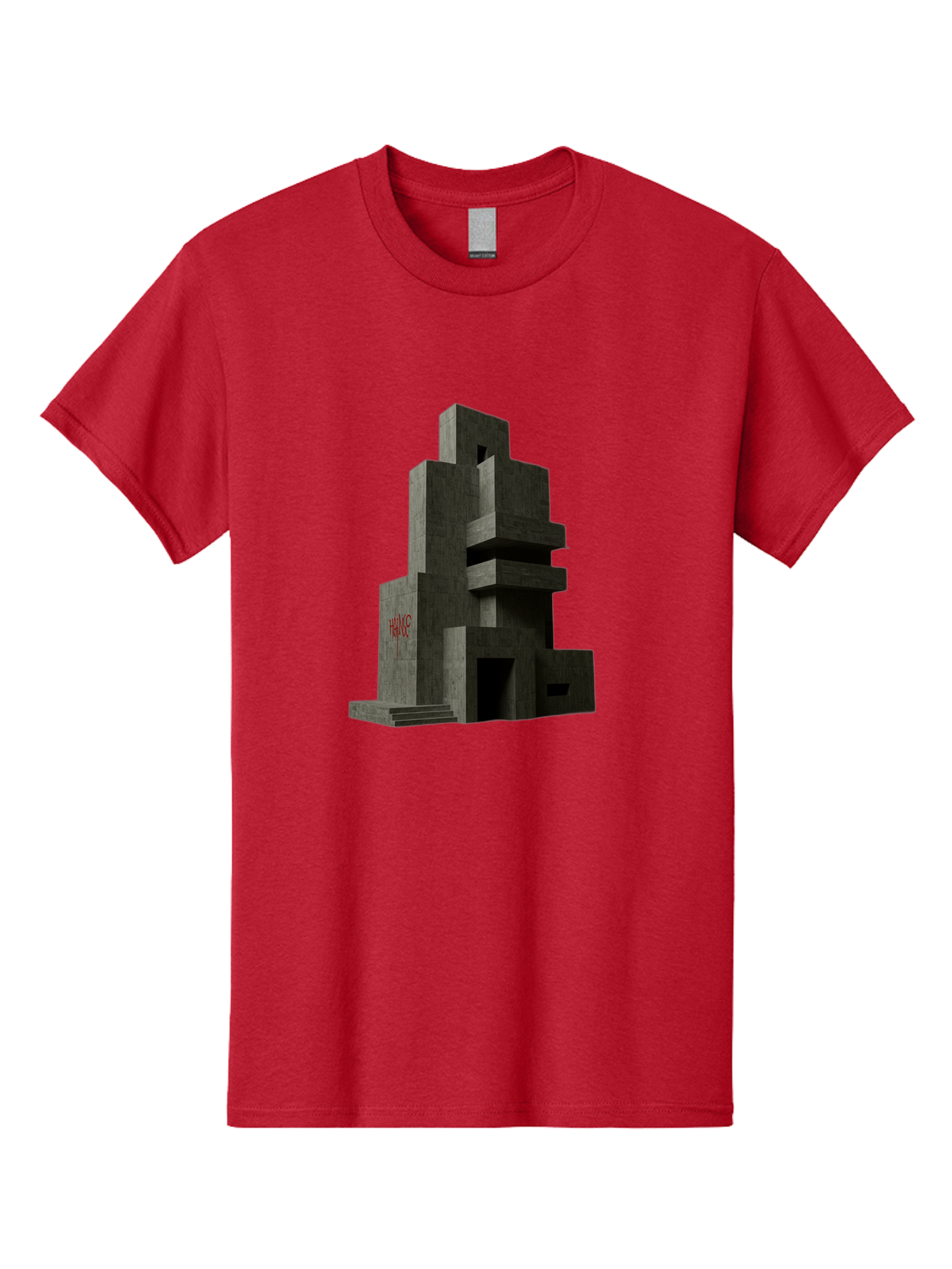 House Men'S Graphic Tee, 100% Cotton, Comfortable Casual Summer Wear, Machine Washable, Futuristic Architecture, Dark Gray Building, Abstract Design, Modern Style, Geometric Shapes, Red Signage, Avant-Garde, Sleek Lines, Concrete Texture Bad202