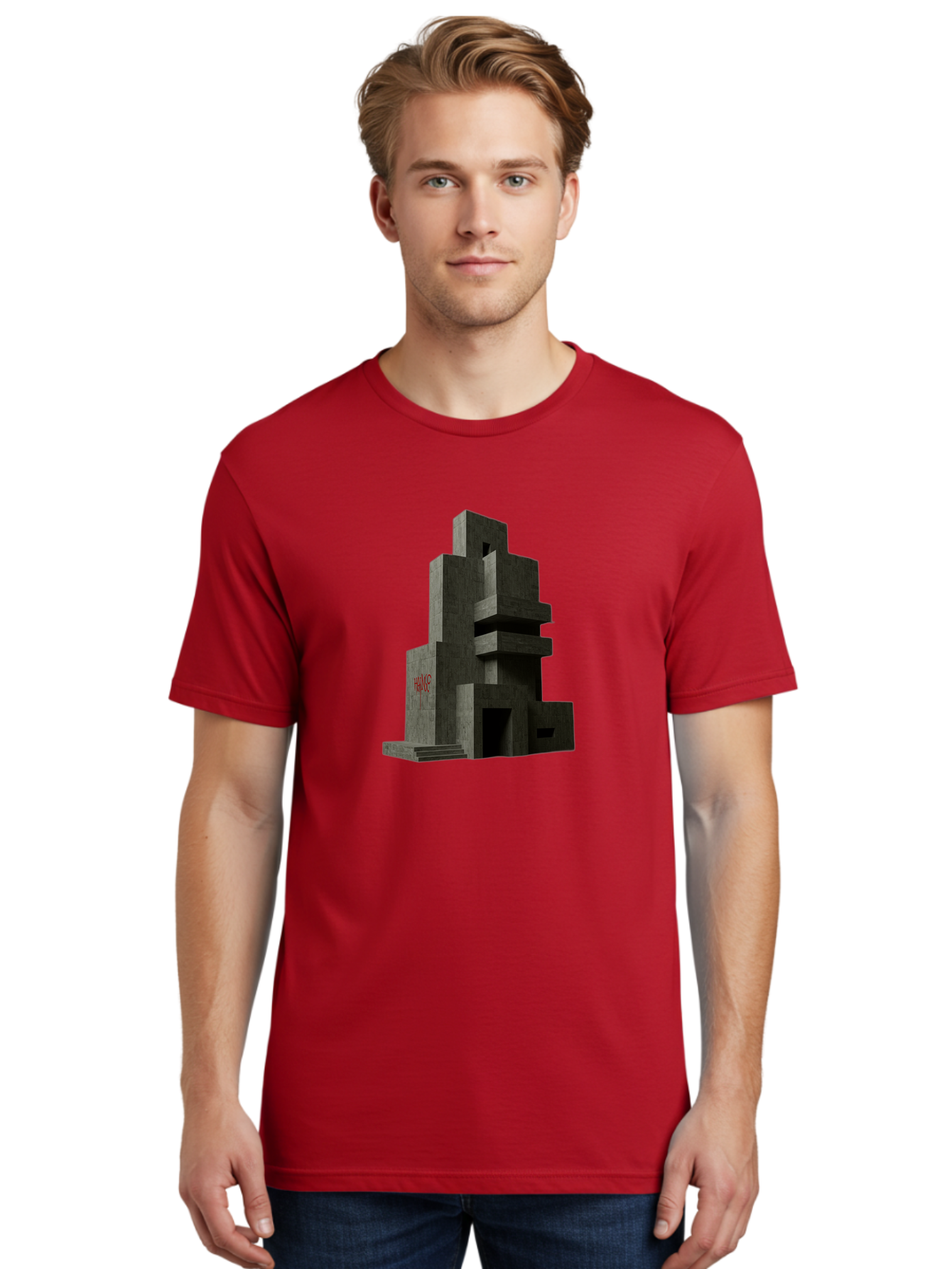 House Men'S Graphic Tee, 100% Cotton, Comfortable Casual Summer Wear, Machine Washable, Futuristic Architecture, Dark Gray Building, Abstract Design, Modern Style, Geometric Shapes, Red Signage, Avant-Garde, Sleek Lines, Concrete Texture Bad202