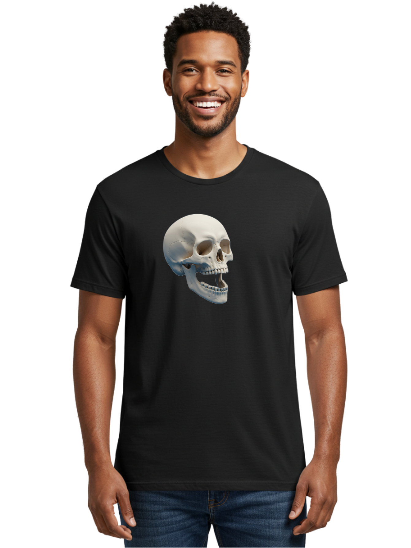 Human-Skull-1 Men'S Graphic Tee, 100% Cotton, Comfortable Casual Summer Wear, Machine Washable, Human Skull, Skeletal Head, Anatomy, Bones, Teeth, Jawbone, Scientific Illustration, Medical Art, 3D Rendering, Detailed Model Bad204