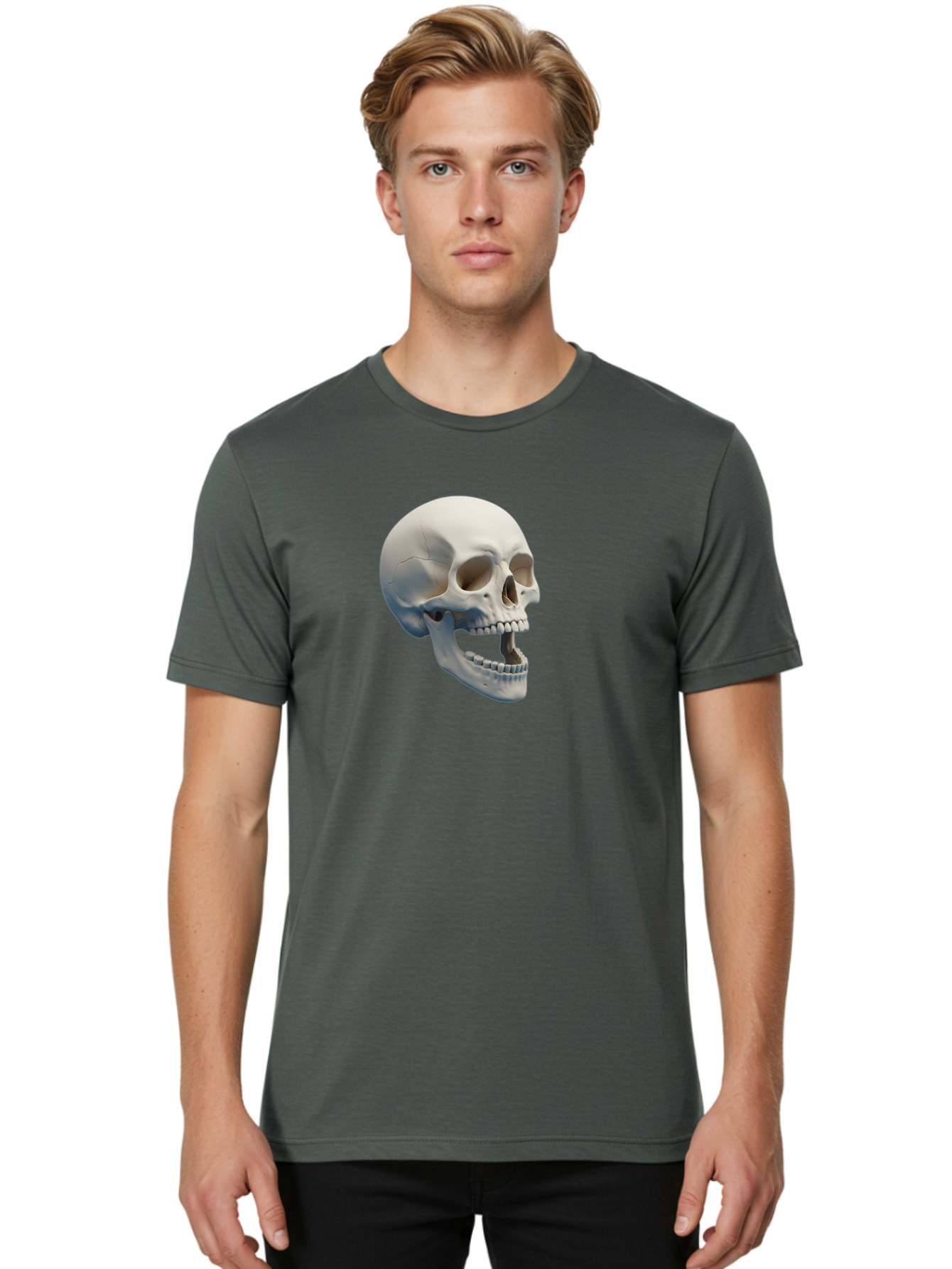 Human-Skull-1 Men'S Graphic Tee, 100% Cotton, Comfortable Casual Summer Wear, Machine Washable, Human Skull, Skeletal Head, Anatomy, Bones, Teeth, Jawbone, Scientific Illustration, Medical Art, 3D Rendering, Detailed Model Bad204