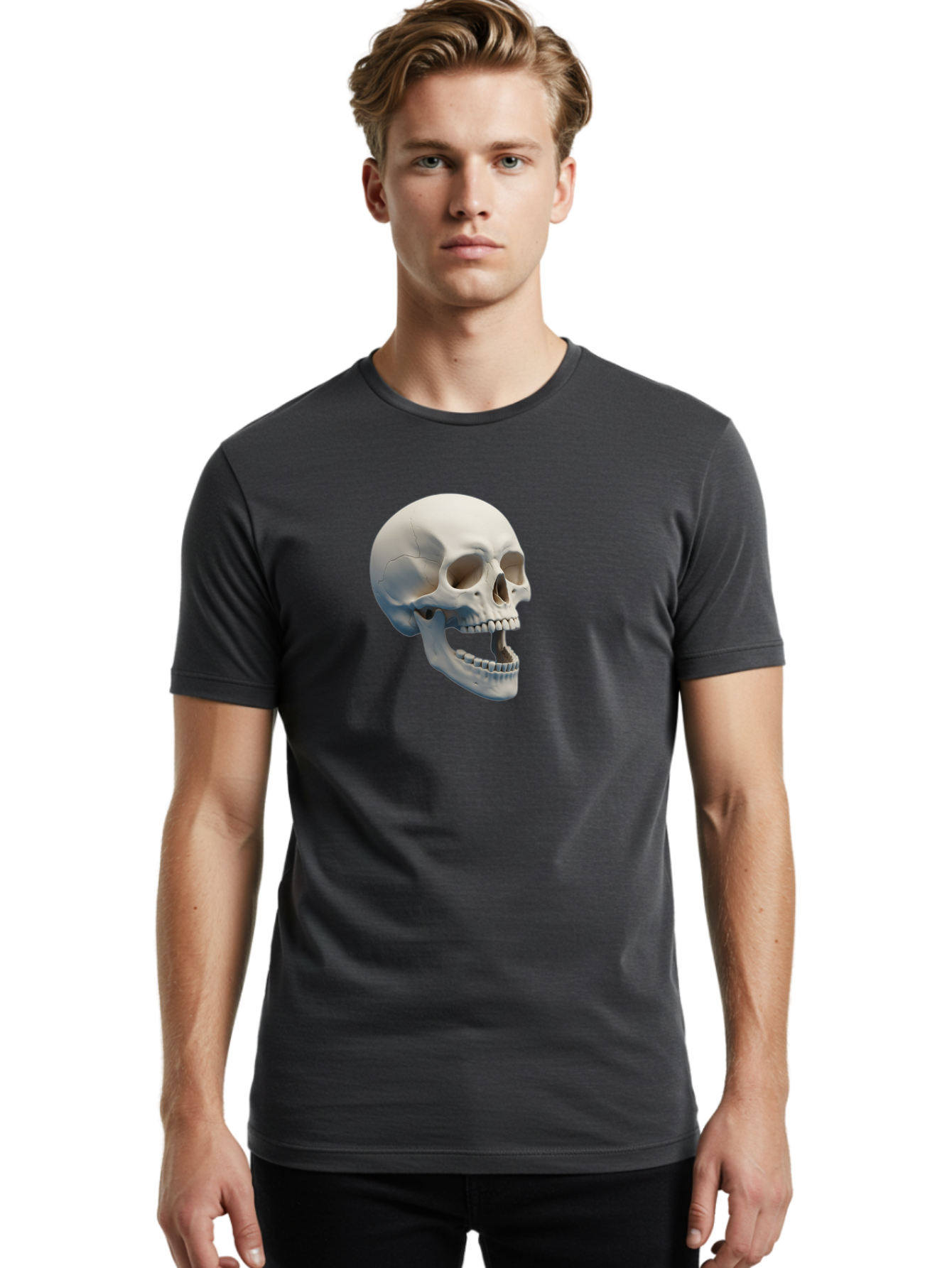 Human-Skull-1 Men'S Graphic Tee, 100% Cotton, Comfortable Casual Summer Wear, Machine Washable, Human Skull, Skeletal Head, Anatomy, Bones, Teeth, Jawbone, Scientific Illustration, Medical Art, 3D Rendering, Detailed Model Bad204