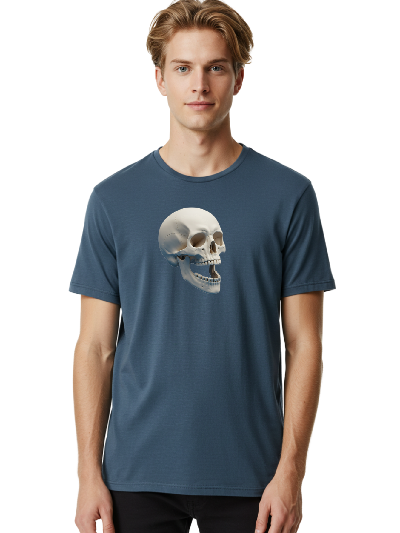 Human-Skull-1 Men'S Graphic Tee, 100% Cotton, Comfortable Casual Summer Wear, Machine Washable, Human Skull, Skeletal Head, Anatomy, Bones, Teeth, Jawbone, Scientific Illustration, Medical Art, 3D Rendering, Detailed Model Bad204