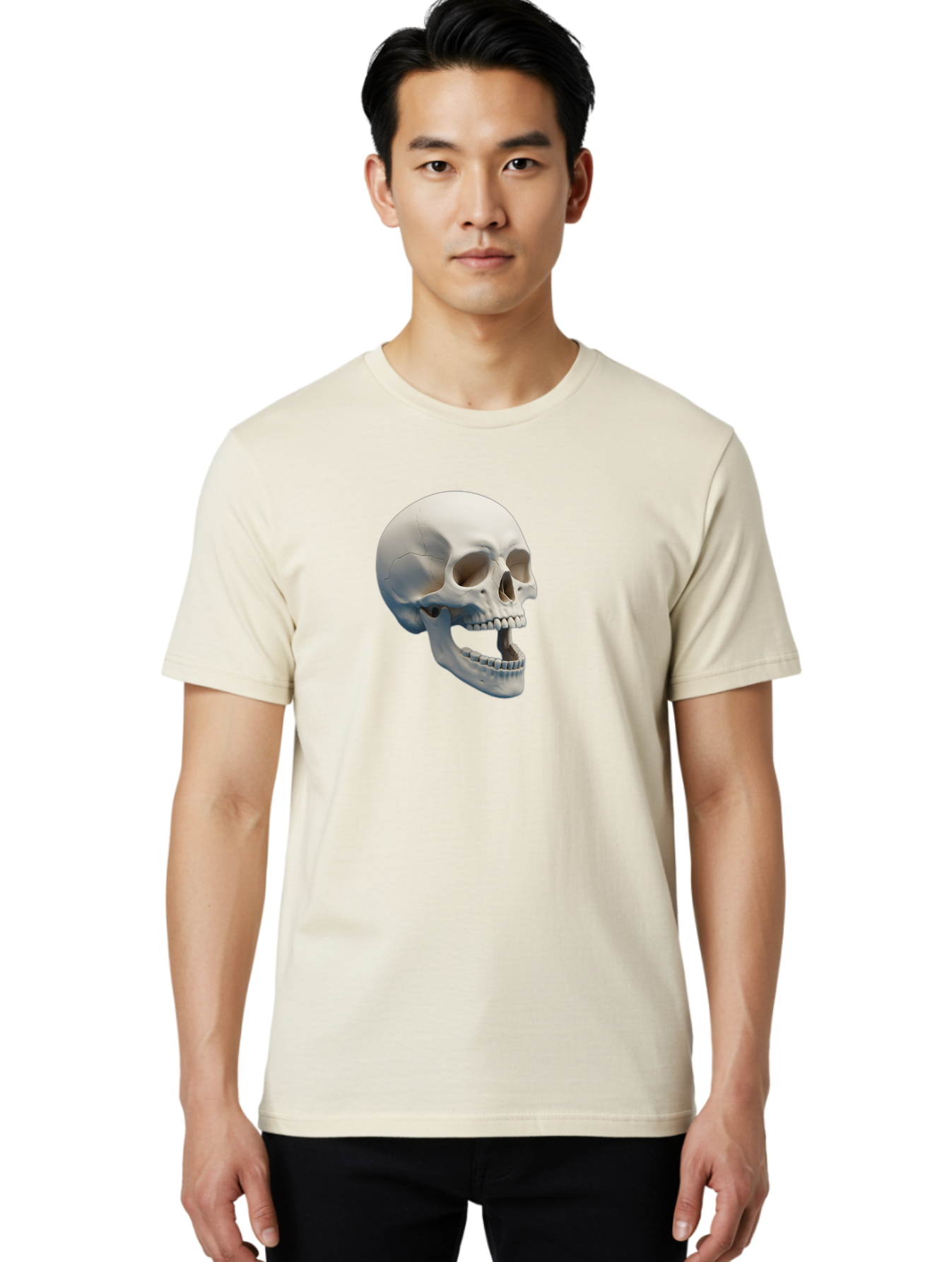 Human-Skull-1 Men'S Graphic Tee, 100% Cotton, Comfortable Casual Summer Wear, Machine Washable, Human Skull, Skeletal Head, Anatomy, Bones, Teeth, Jawbone, Scientific Illustration, Medical Art, 3D Rendering, Detailed Model Bad204