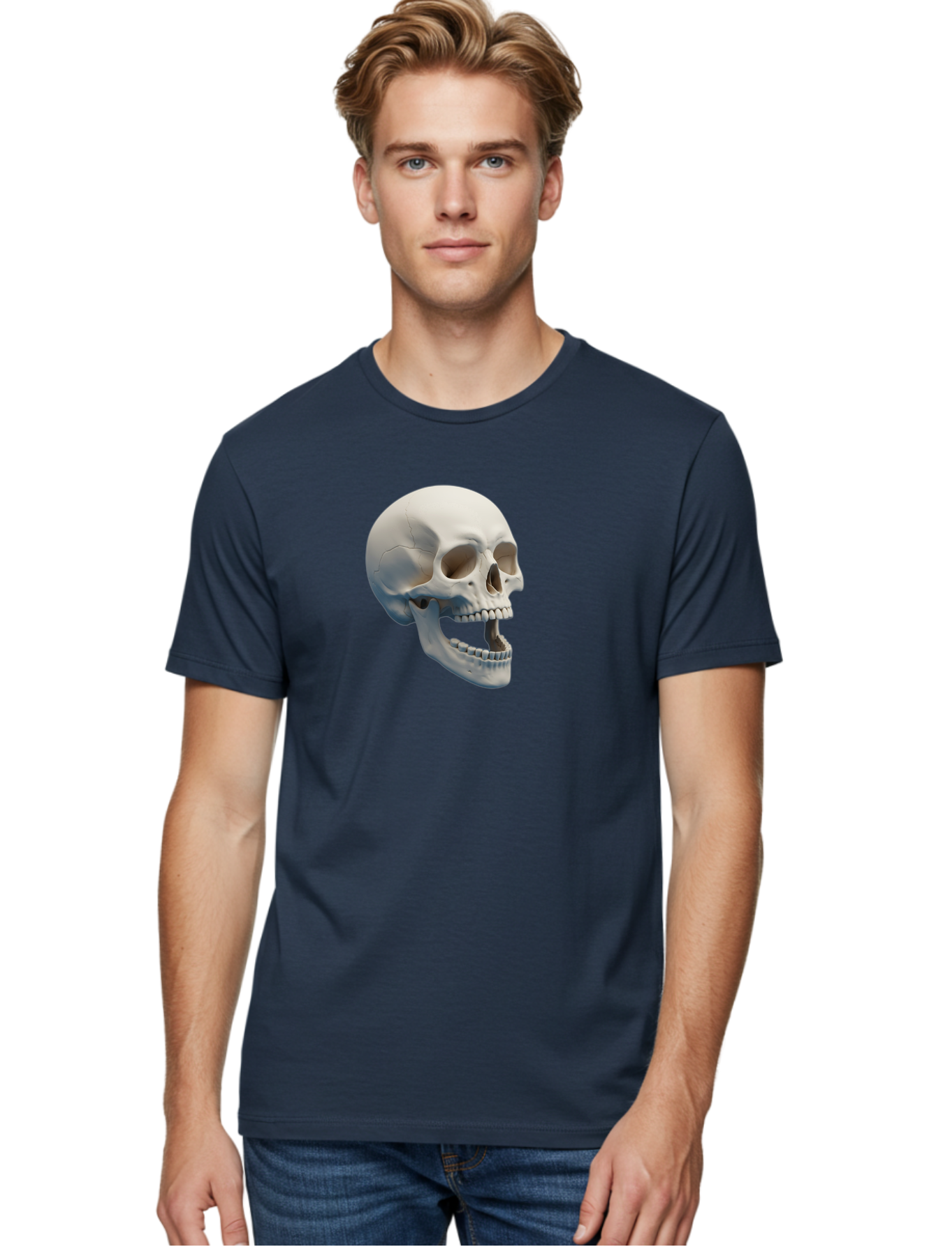 Human-Skull-1 Men'S Graphic Tee, 100% Cotton, Comfortable Casual Summer Wear, Machine Washable, Human Skull, Skeletal Head, Anatomy, Bones, Teeth, Jawbone, Scientific Illustration, Medical Art, 3D Rendering, Detailed Model Bad204