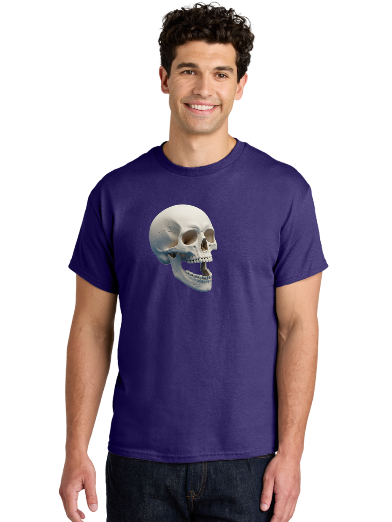 Human-Skull-1 Men'S Graphic Tee, 100% Cotton, Comfortable Casual Summer Wear, Machine Washable, Human Skull, Skeletal Head, Anatomy, Bones, Teeth, Jawbone, Scientific Illustration, Medical Art, 3D Rendering, Detailed Model Bad204