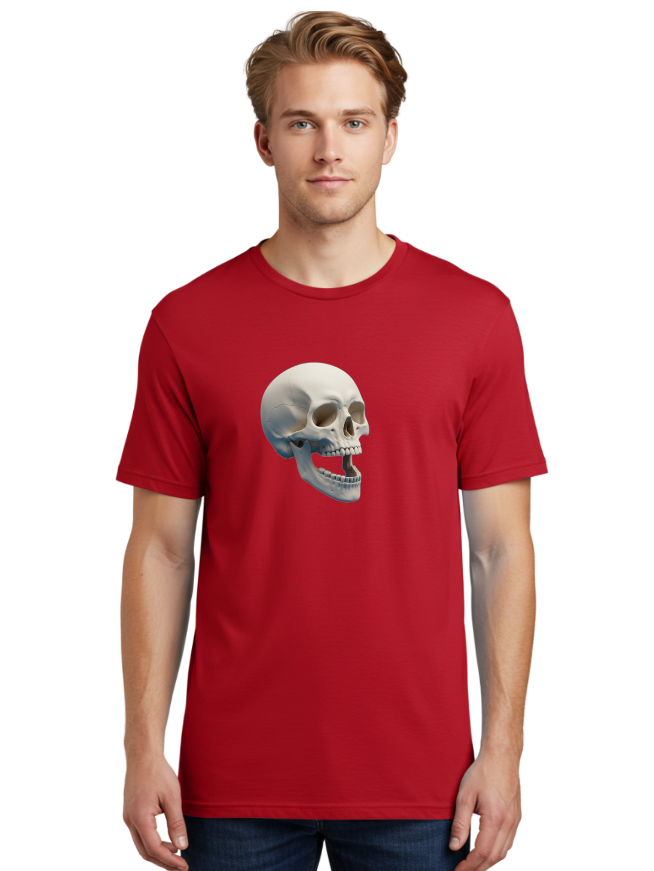 Human-Skull-1 Men'S Graphic Tee, 100% Cotton, Comfortable Casual Summer Wear, Machine Washable, Human Skull, Skeletal Head, Anatomy, Bones, Teeth, Jawbone, Scientific Illustration, Medical Art, 3D Rendering, Detailed Model Bad204