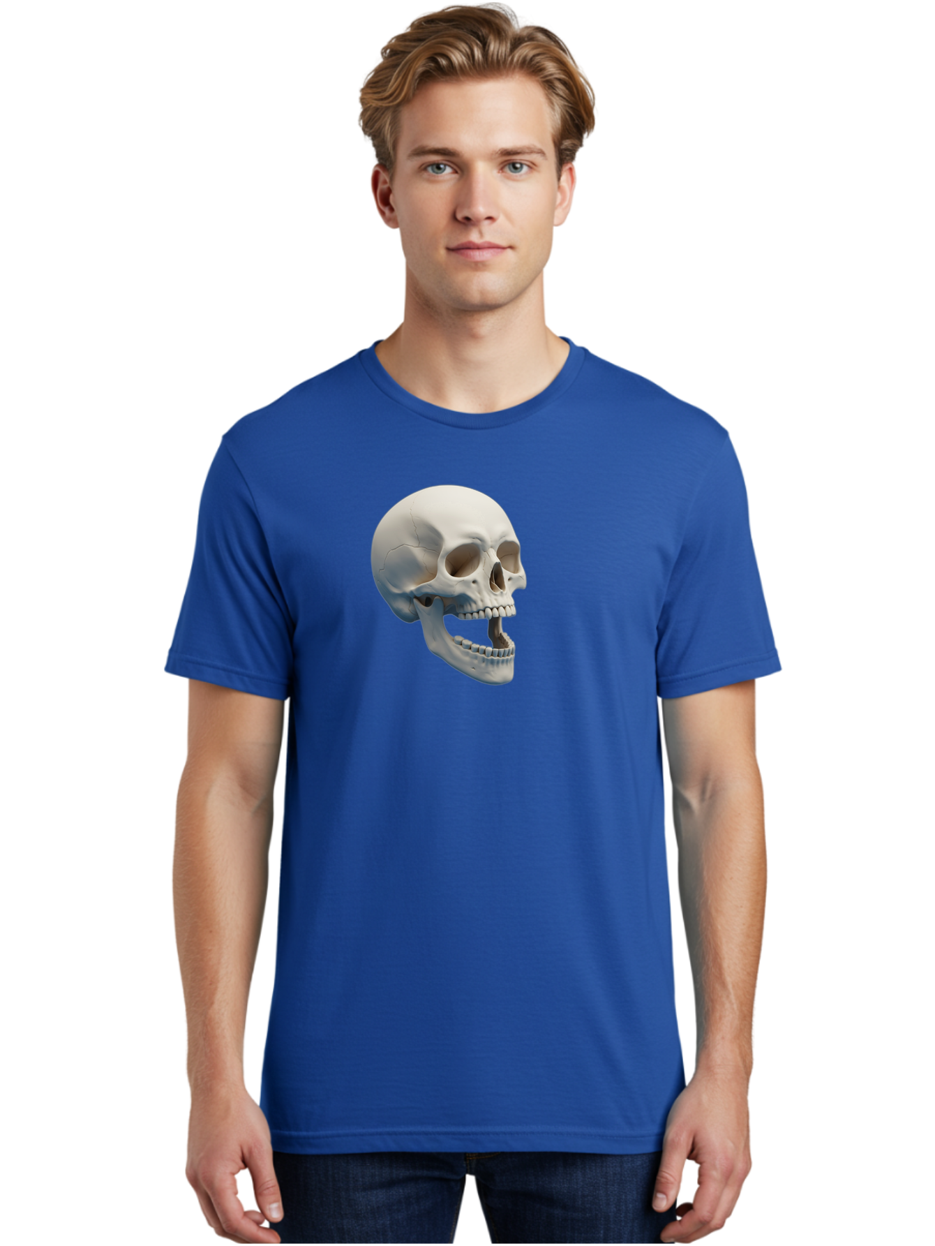 Human-Skull-1 Men'S Graphic Tee, 100% Cotton, Comfortable Casual Summer Wear, Machine Washable, Human Skull, Skeletal Head, Anatomy, Bones, Teeth, Jawbone, Scientific Illustration, Medical Art, 3D Rendering, Detailed Model Bad204