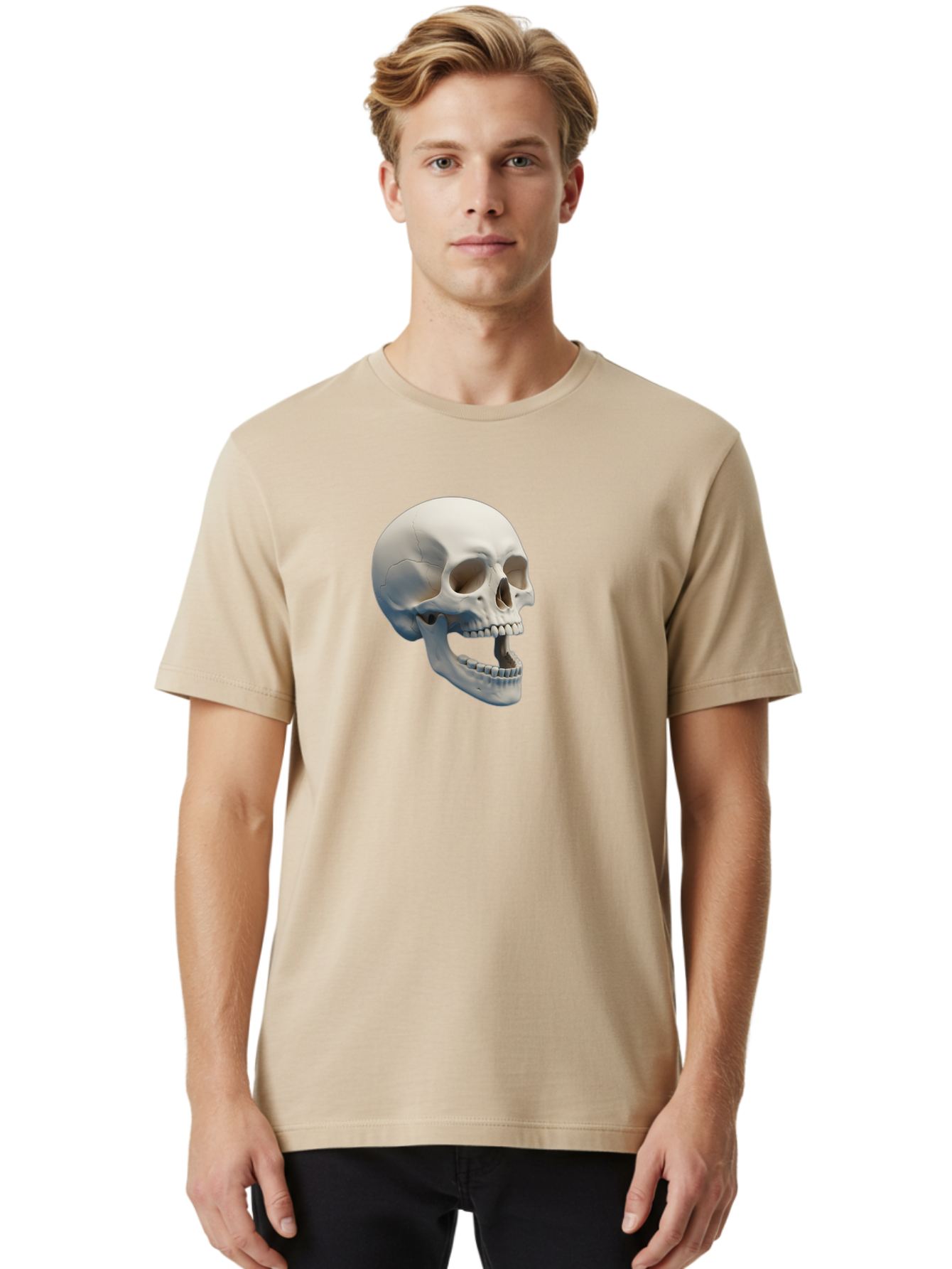 Human-Skull-1 Men'S Graphic Tee, 100% Cotton, Comfortable Casual Summer Wear, Machine Washable, Human Skull, Skeletal Head, Anatomy, Bones, Teeth, Jawbone, Scientific Illustration, Medical Art, 3D Rendering, Detailed Model Bad204