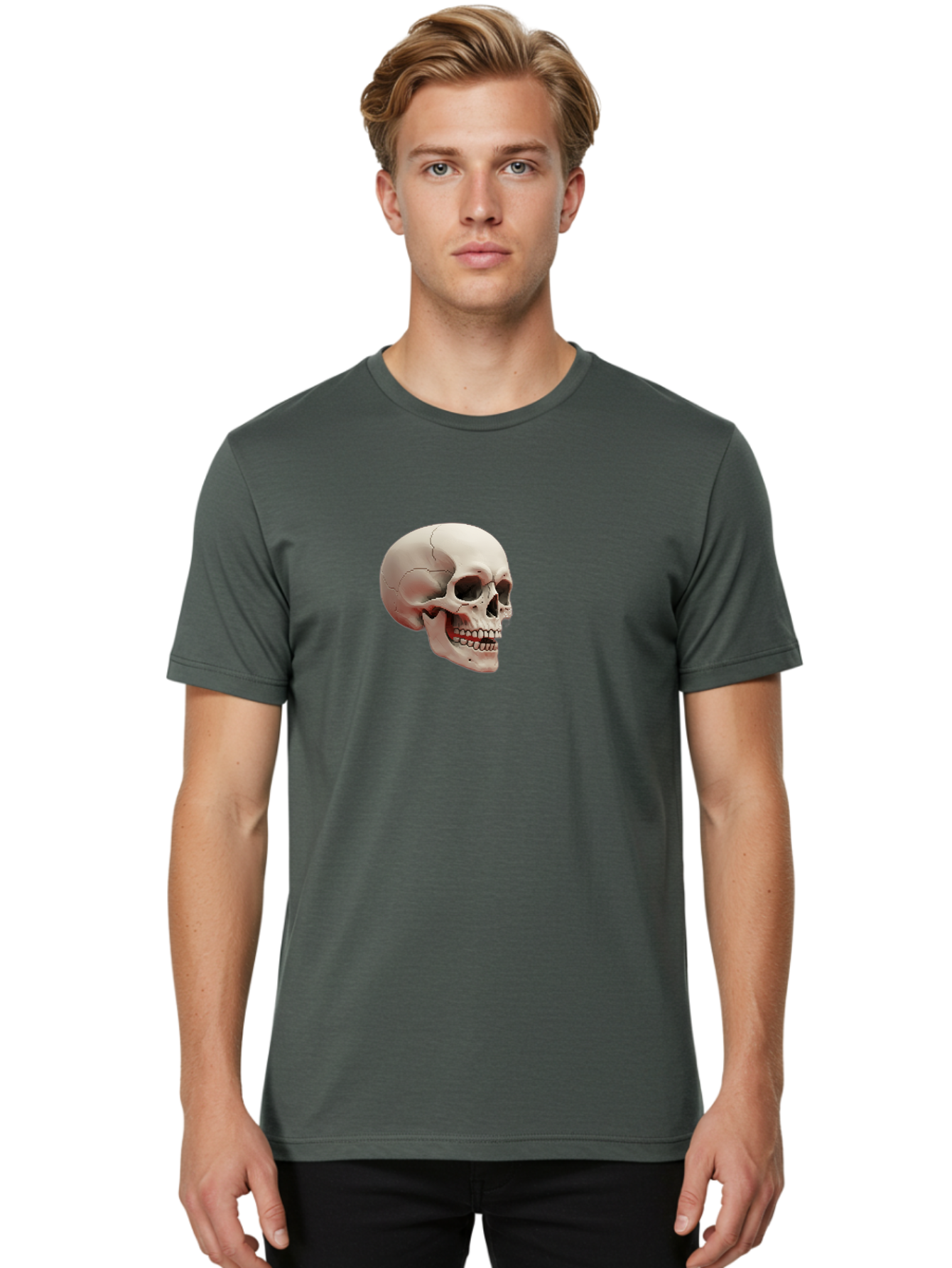 Human-Skull Men'S Graphic Tee, 100% Cotton, Comfortable Casual Summer Wear, Machine Washable, Human Skull, Skeletal Head, Anatomy, Bone Structure, Dental Anatomy, Forensic Science, Medical Education, Death Symbol, Gothic Art Bad205