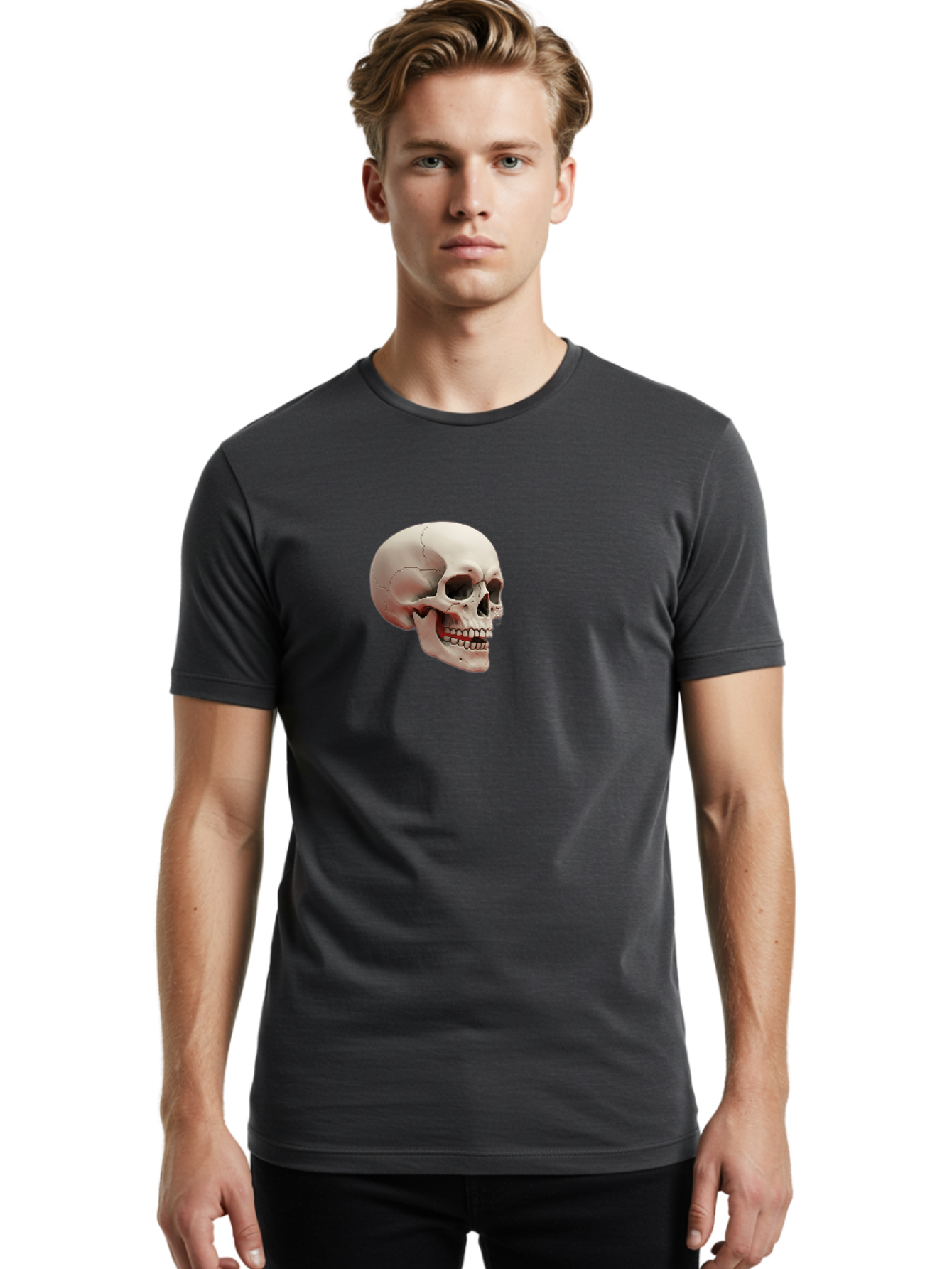 Human-Skull Men'S Graphic Tee, 100% Cotton, Comfortable Casual Summer Wear, Machine Washable, Human Skull, Skeletal Head, Anatomy, Bone Structure, Dental Anatomy, Forensic Science, Medical Education, Death Symbol, Gothic Art Bad205