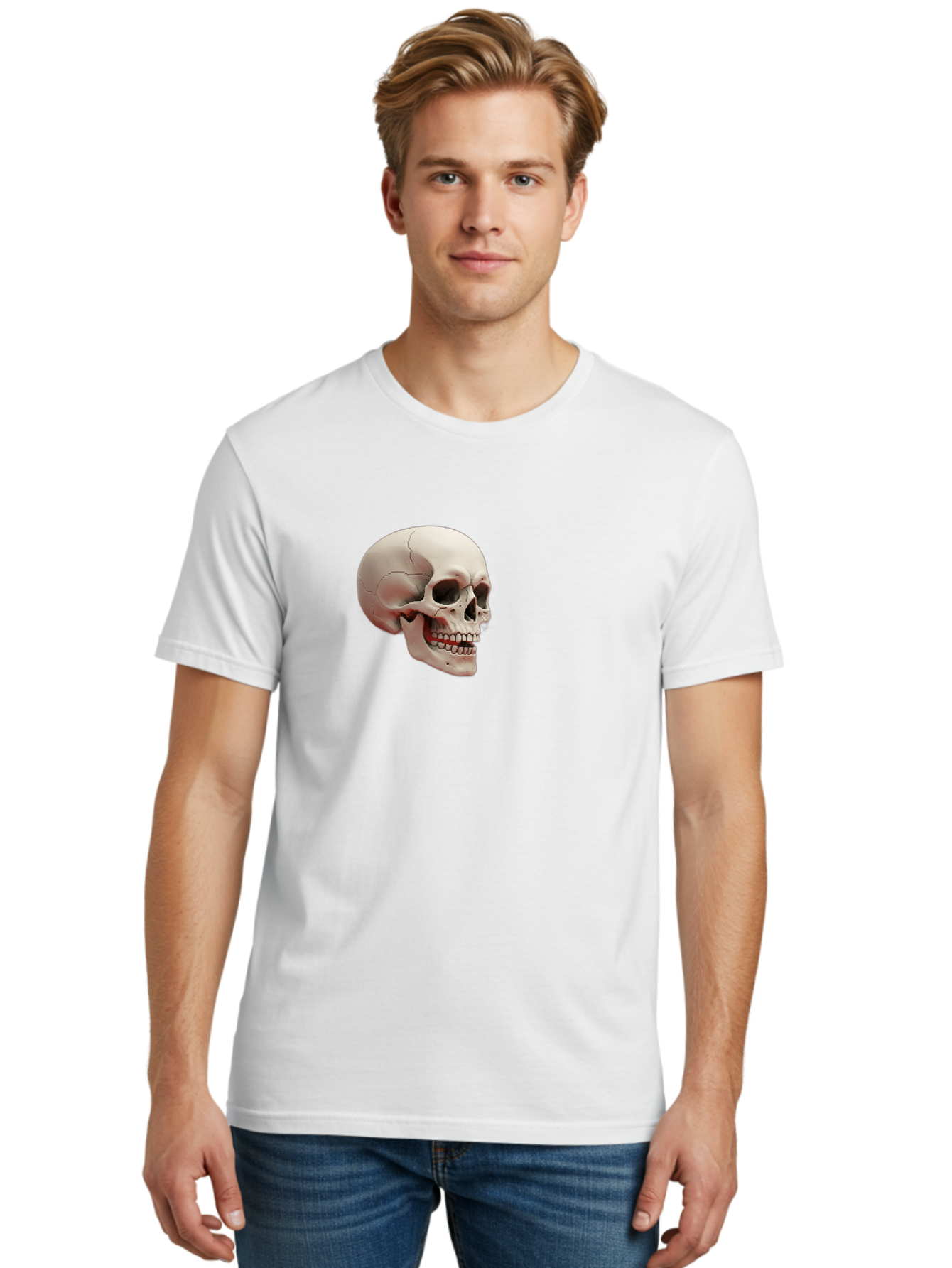 Human-Skull Men'S Graphic Tee, 100% Cotton, Comfortable Casual Summer Wear, Machine Washable, Human Skull, Skeletal Head, Anatomy, Bone Structure, Dental Anatomy, Forensic Science, Medical Education, Death Symbol, Gothic Art Bad205