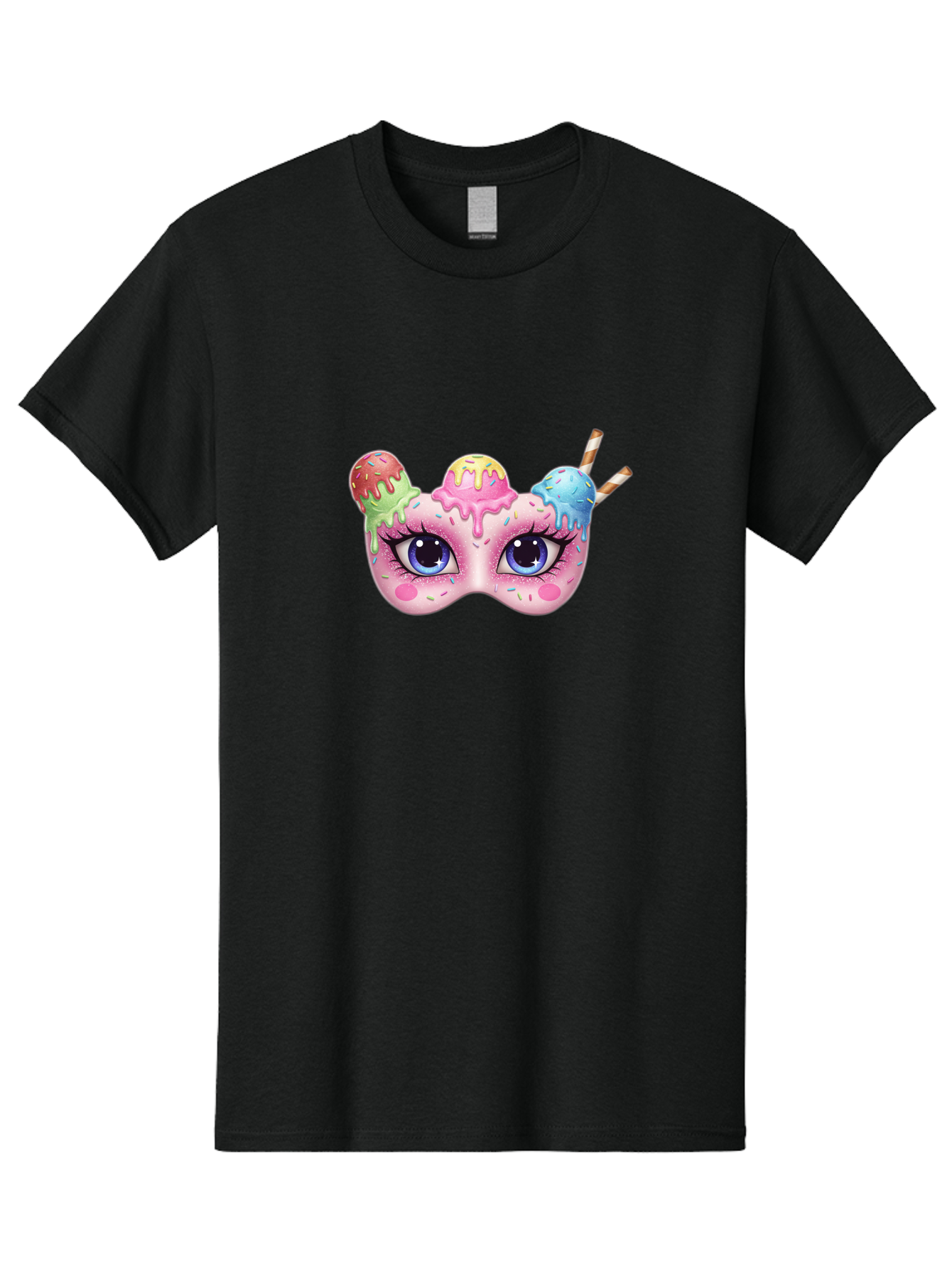 Ice-Cream-Mask Men'S Graphic Tee, 100% Cotton, Comfortable Casual Summer Wear, Machine Washable, Ice Cream Mask, Masquerade Ball, Pastel Colors, Blue Eyes, Candy Decorations, Sprinkles, Dripping Glaze, Whimsical Design, Cartoon Style, Bad206