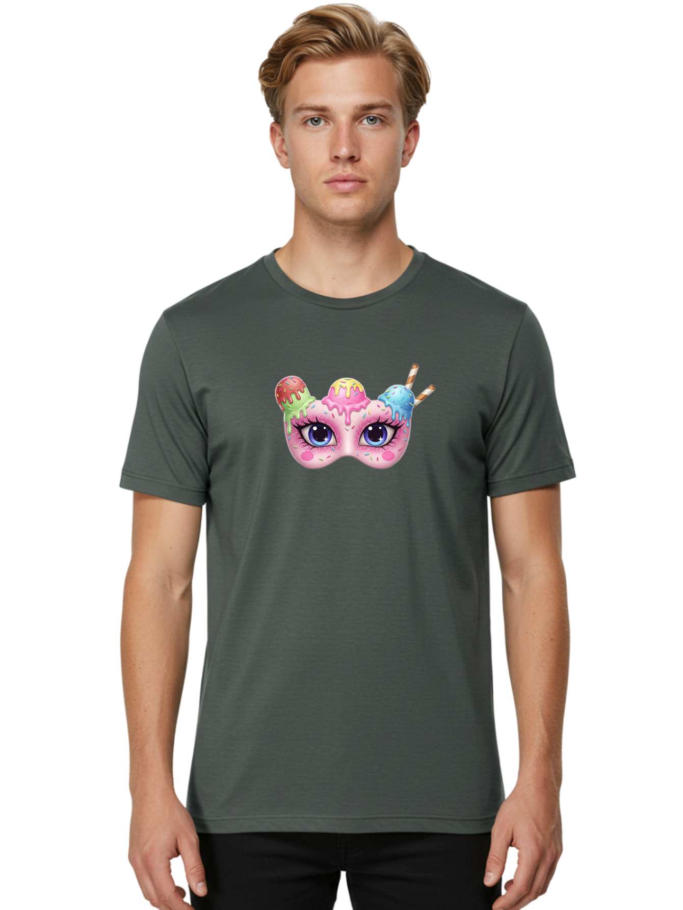 Ice-Cream-Mask Men'S Graphic Tee, 100% Cotton, Comfortable Casual Summer Wear, Machine Washable, Ice Cream Mask, Masquerade Ball, Pastel Colors, Blue Eyes, Candy Decorations, Sprinkles, Dripping Glaze, Whimsical Design, Cartoon Style, Bad206