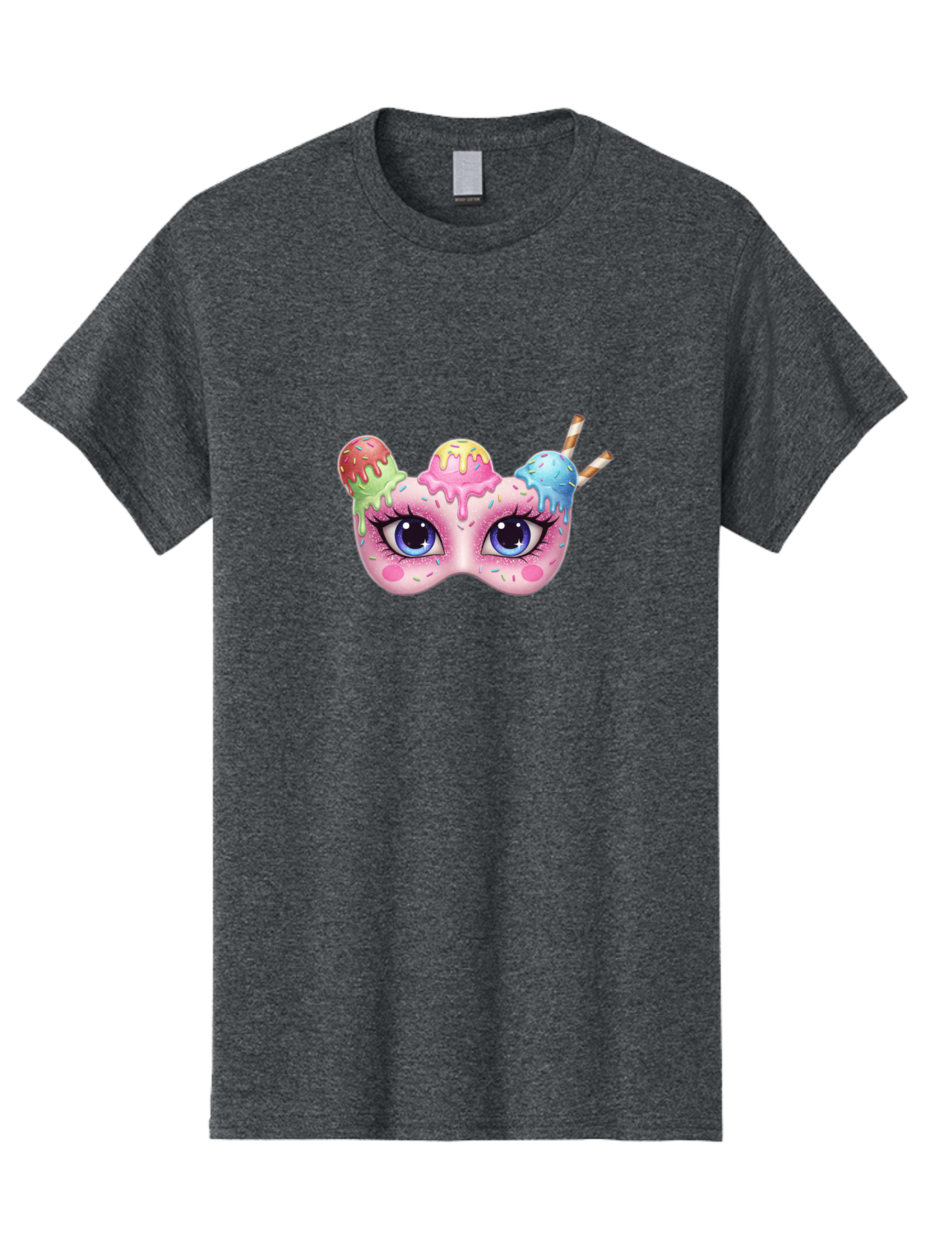 Ice-Cream-Mask Men'S Graphic Tee, 100% Cotton, Comfortable Casual Summer Wear, Machine Washable, Ice Cream Mask, Masquerade Ball, Pastel Colors, Blue Eyes, Candy Decorations, Sprinkles, Dripping Glaze, Whimsical Design, Cartoon Style, Bad206