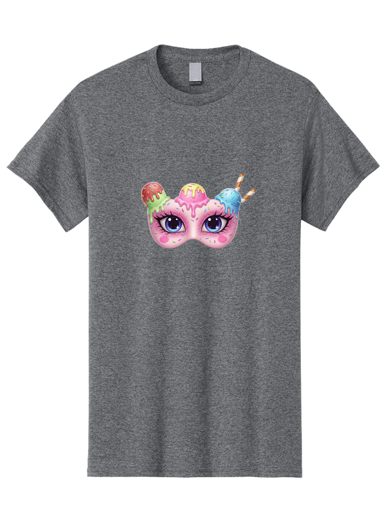 Ice-Cream-Mask Men'S Graphic Tee, 100% Cotton, Comfortable Casual Summer Wear, Machine Washable, Ice Cream Mask, Masquerade Ball, Pastel Colors, Blue Eyes, Candy Decorations, Sprinkles, Dripping Glaze, Whimsical Design, Cartoon Style, Bad206