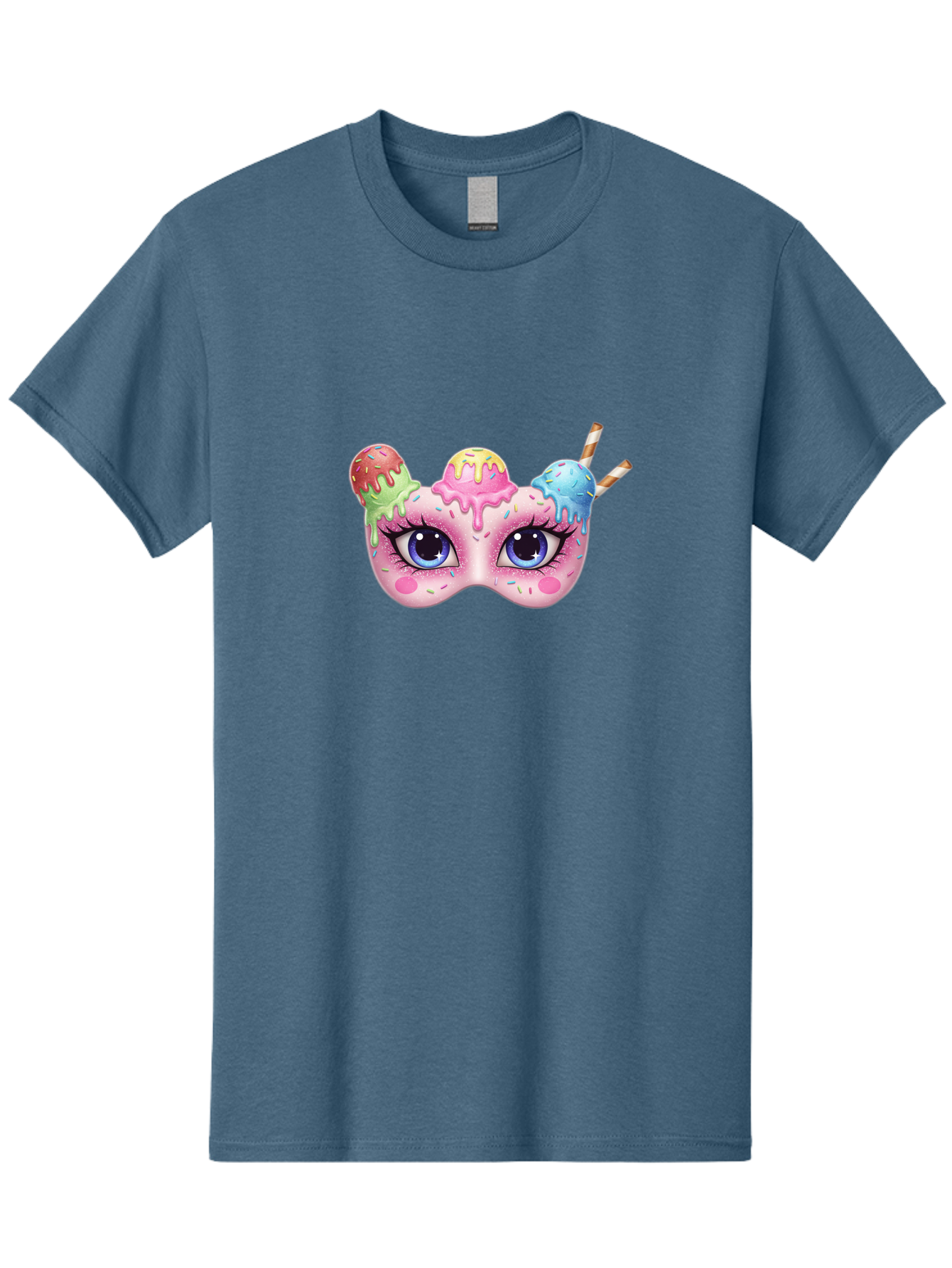 Ice-Cream-Mask Men'S Graphic Tee, 100% Cotton, Comfortable Casual Summer Wear, Machine Washable, Ice Cream Mask, Masquerade Ball, Pastel Colors, Blue Eyes, Candy Decorations, Sprinkles, Dripping Glaze, Whimsical Design, Cartoon Style, Bad206
