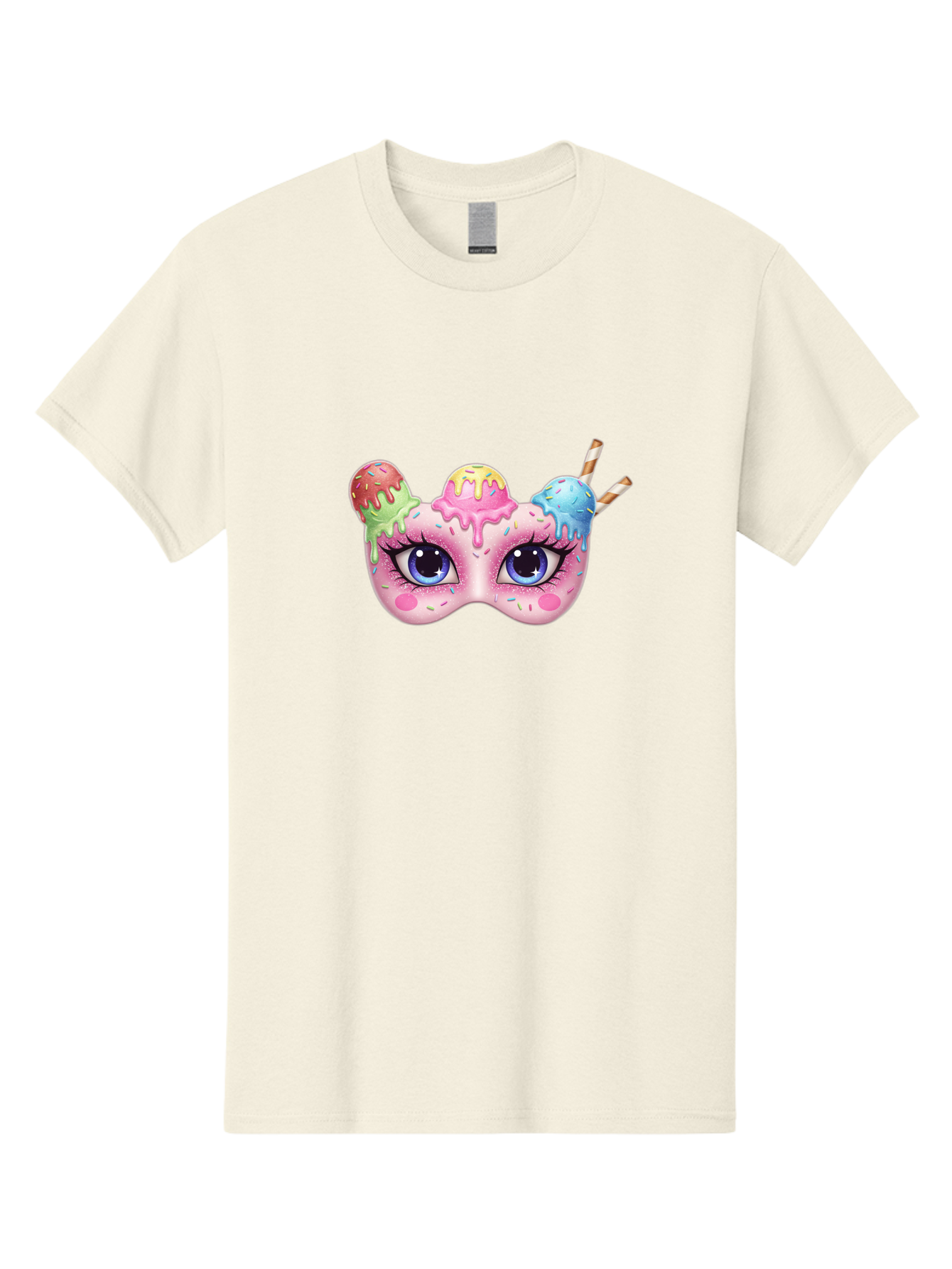 Ice-Cream-Mask Men'S Graphic Tee, 100% Cotton, Comfortable Casual Summer Wear, Machine Washable, Ice Cream Mask, Masquerade Ball, Pastel Colors, Blue Eyes, Candy Decorations, Sprinkles, Dripping Glaze, Whimsical Design, Cartoon Style, Bad206