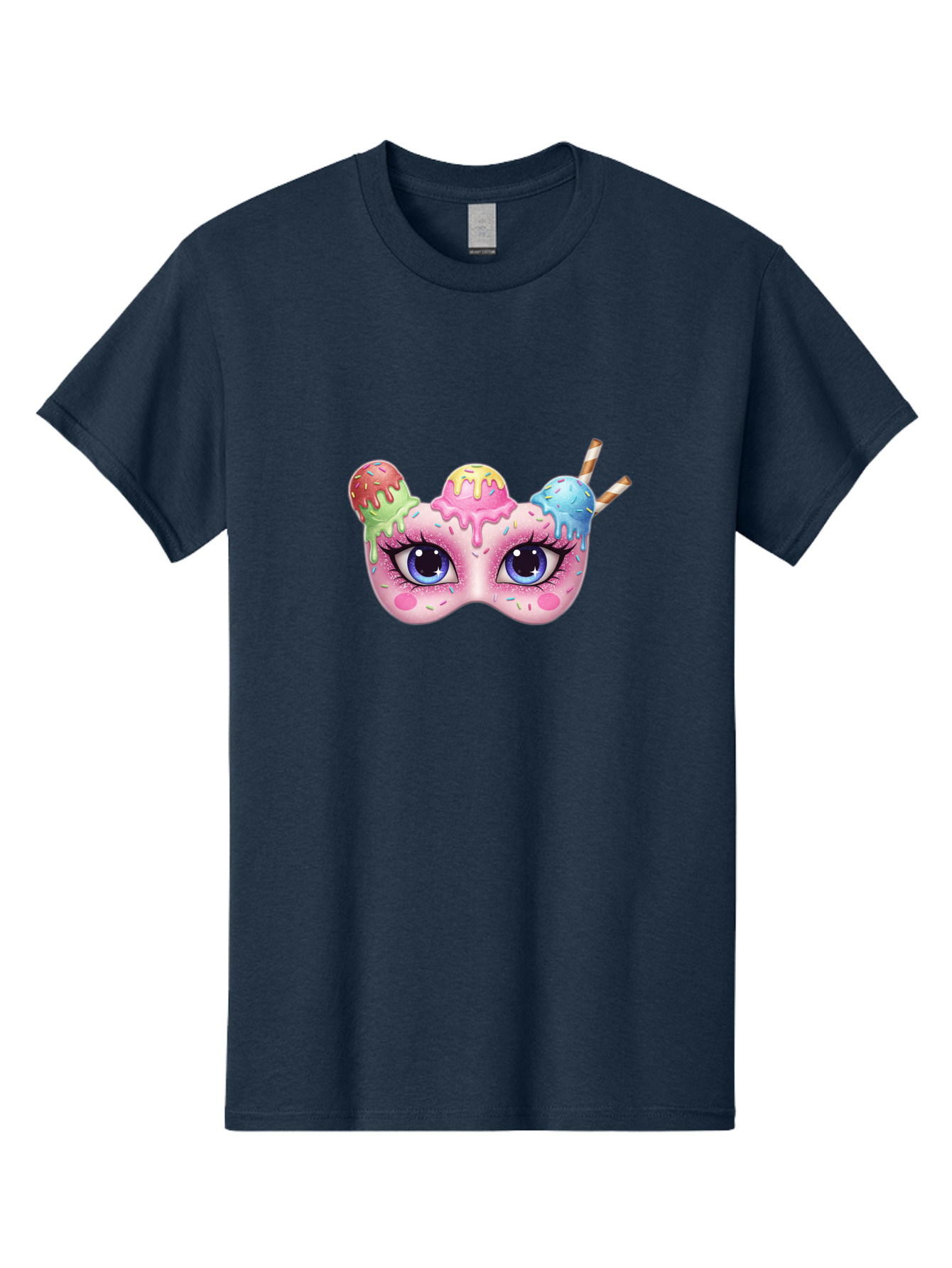 Ice-Cream-Mask Men'S Graphic Tee, 100% Cotton, Comfortable Casual Summer Wear, Machine Washable, Ice Cream Mask, Masquerade Ball, Pastel Colors, Blue Eyes, Candy Decorations, Sprinkles, Dripping Glaze, Whimsical Design, Cartoon Style, Bad206