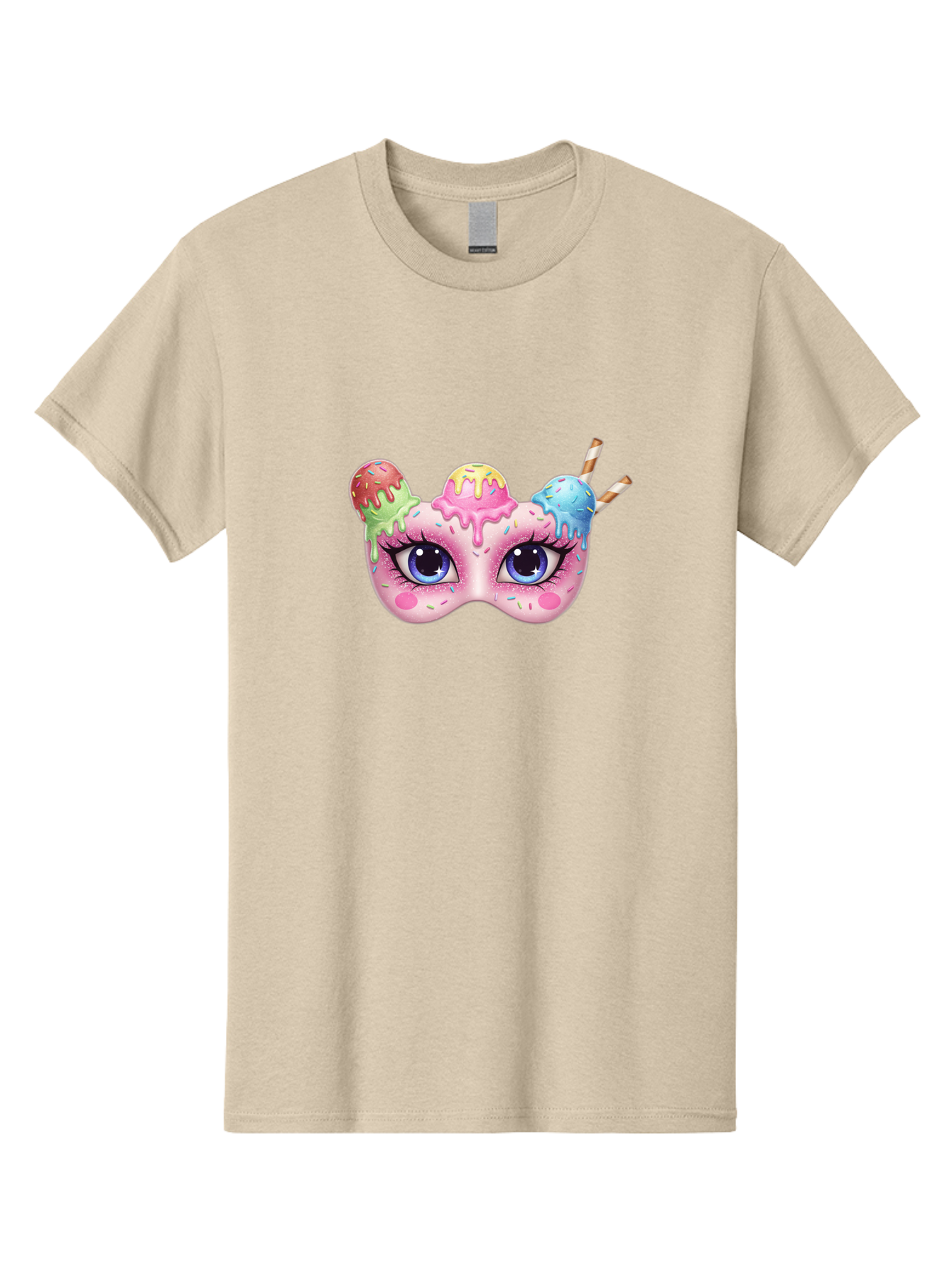 Ice-Cream-Mask Men'S Graphic Tee, 100% Cotton, Comfortable Casual Summer Wear, Machine Washable, Ice Cream Mask, Masquerade Ball, Pastel Colors, Blue Eyes, Candy Decorations, Sprinkles, Dripping Glaze, Whimsical Design, Cartoon Style, Bad206