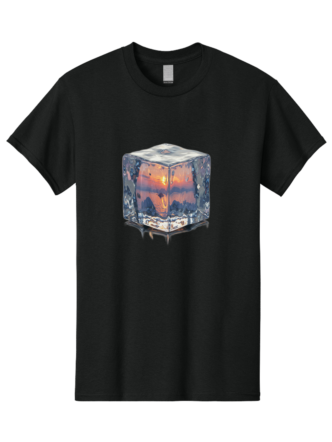 Ice-Cube-Sunset Men'S Graphic Tee, 100% Cotton, Comfortable Casual Summer Wear, Machine Washable, Ice Cube, Sunset Reflection, Ocean View, Rocky Landscape, Vibrant Orange, Cool Glass, Dramatic Scenery, Serene Atmosphere, Frozen Moment Bad207