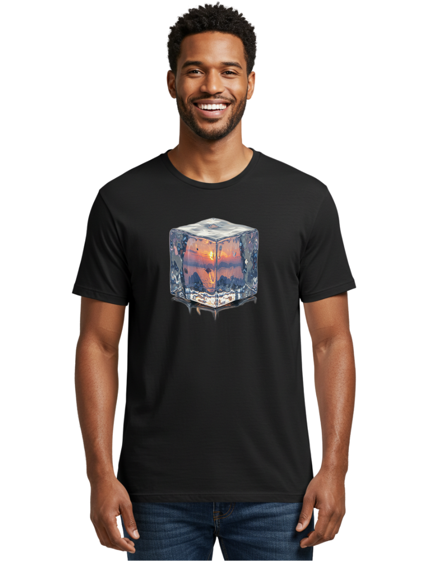Ice-Cube-Sunset Men'S Graphic Tee, 100% Cotton, Comfortable Casual Summer Wear, Machine Washable, Ice Cube, Sunset Reflection, Ocean View, Rocky Landscape, Vibrant Orange, Cool Glass, Dramatic Scenery, Serene Atmosphere, Frozen Moment Bad207