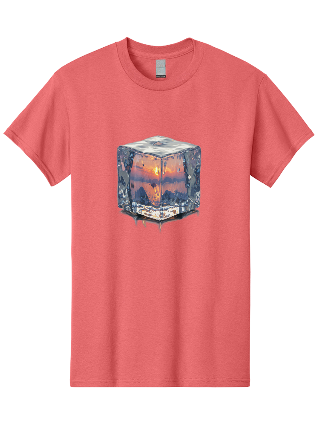 Ice-Cube-Sunset Men'S Graphic Tee, 100% Cotton, Comfortable Casual Summer Wear, Machine Washable, Ice Cube, Sunset Reflection, Ocean View, Rocky Landscape, Vibrant Orange, Cool Glass, Dramatic Scenery, Serene Atmosphere, Frozen Moment Bad207