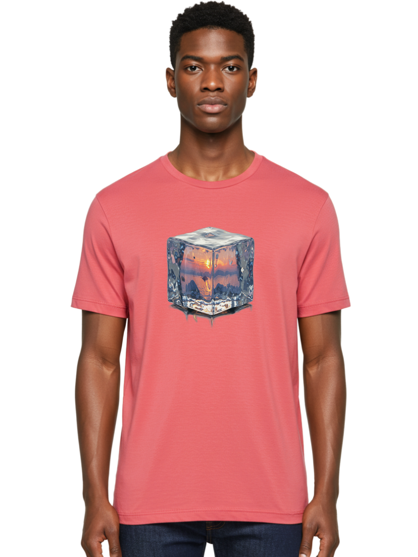 Ice-Cube-Sunset Men'S Graphic Tee, 100% Cotton, Comfortable Casual Summer Wear, Machine Washable, Ice Cube, Sunset Reflection, Ocean View, Rocky Landscape, Vibrant Orange, Cool Glass, Dramatic Scenery, Serene Atmosphere, Frozen Moment Bad207