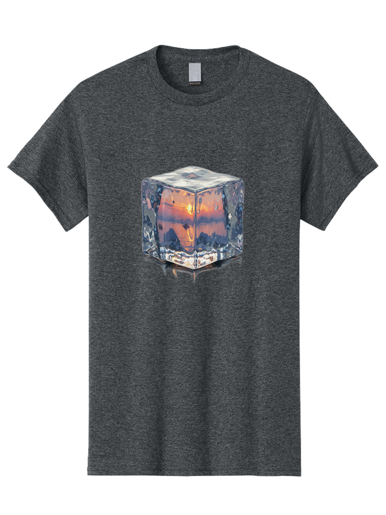 Ice-Cube-Sunset Men'S Graphic Tee, 100% Cotton, Comfortable Casual Summer Wear, Machine Washable, Ice Cube, Sunset Reflection, Ocean View, Rocky Landscape, Vibrant Orange, Cool Glass, Dramatic Scenery, Serene Atmosphere, Frozen Moment Bad207