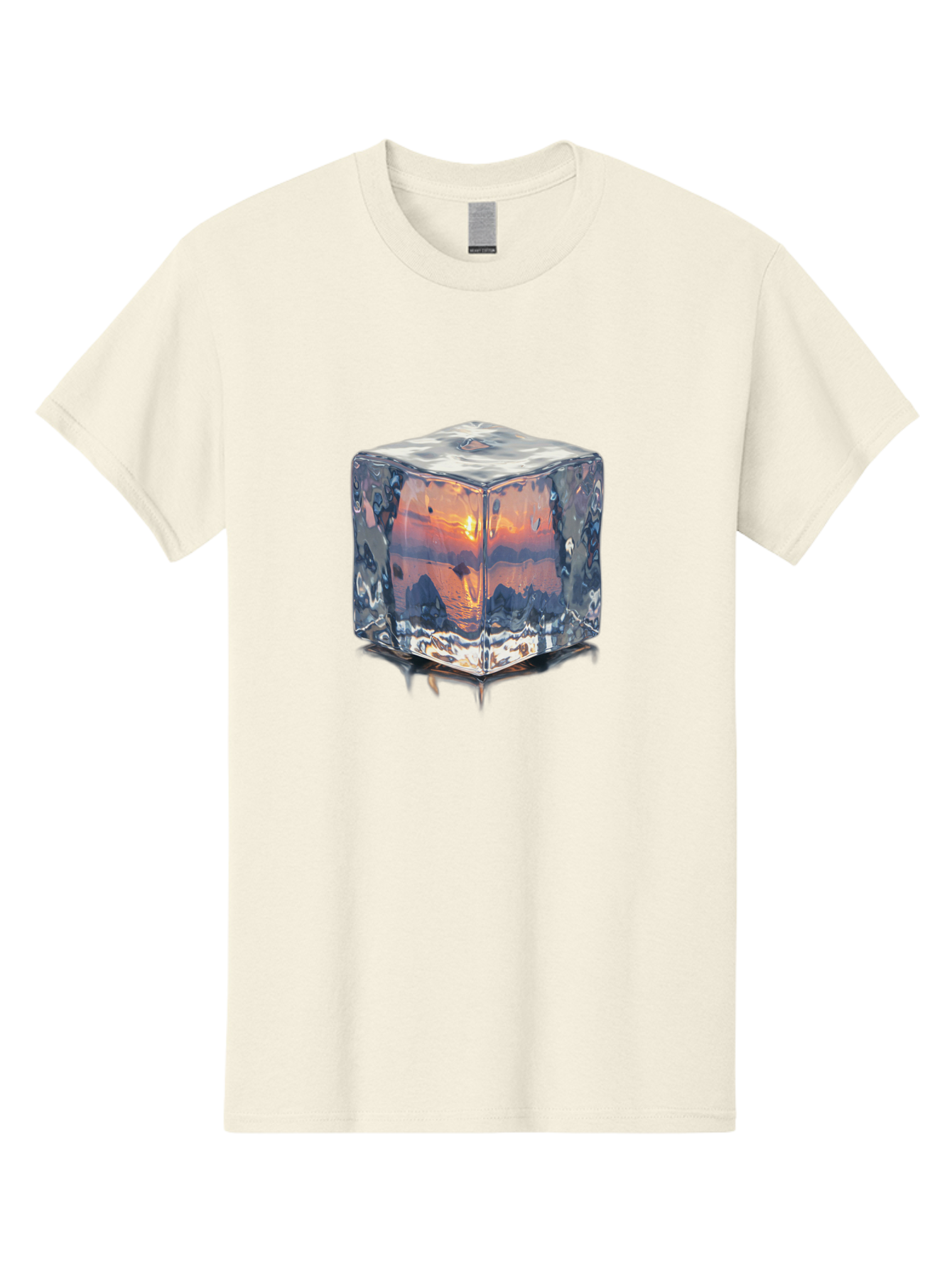 Ice-Cube-Sunset Men'S Graphic Tee, 100% Cotton, Comfortable Casual Summer Wear, Machine Washable, Ice Cube, Sunset Reflection, Ocean View, Rocky Landscape, Vibrant Orange, Cool Glass, Dramatic Scenery, Serene Atmosphere, Frozen Moment Bad207