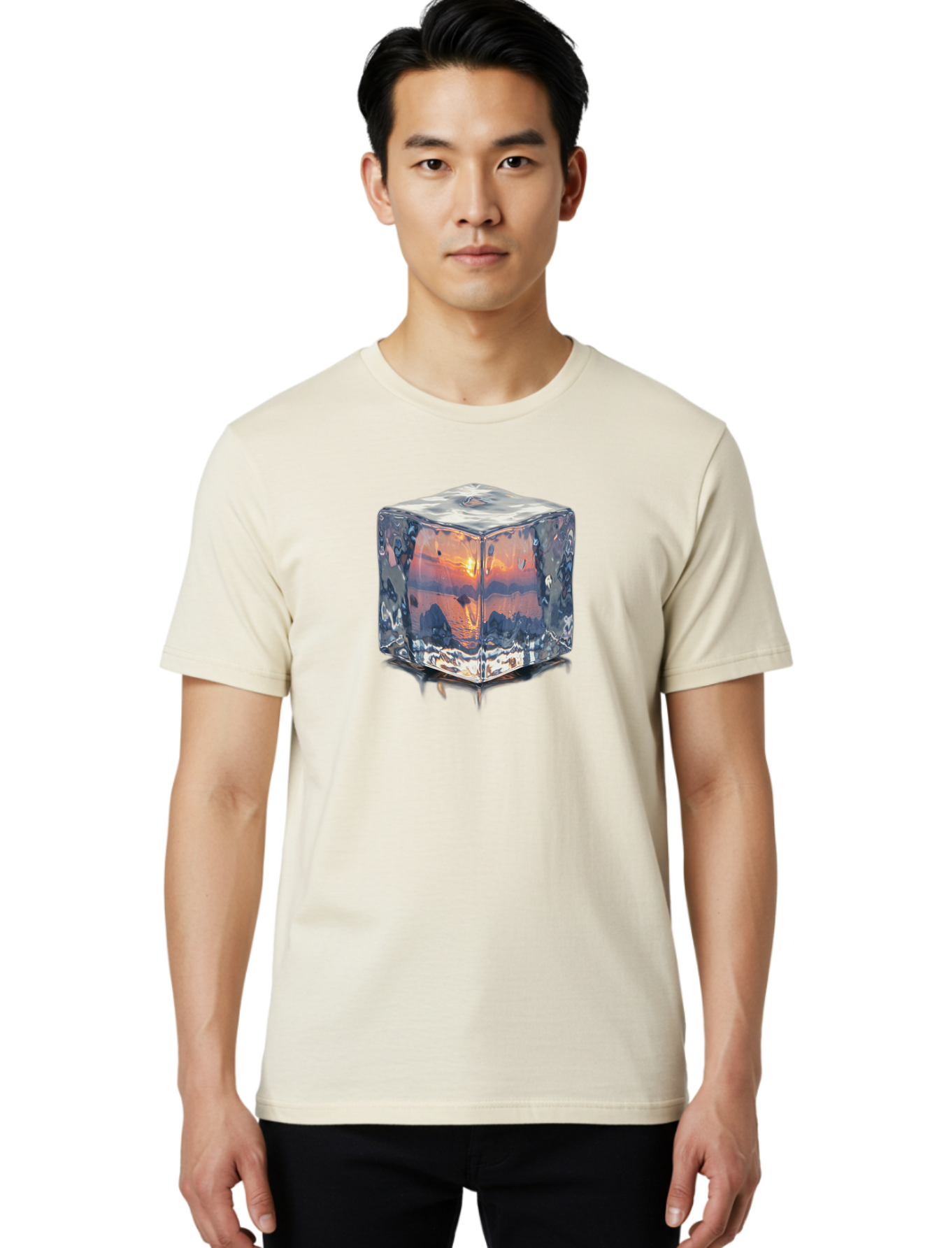 Ice-Cube-Sunset Men'S Graphic Tee, 100% Cotton, Comfortable Casual Summer Wear, Machine Washable, Ice Cube, Sunset Reflection, Ocean View, Rocky Landscape, Vibrant Orange, Cool Glass, Dramatic Scenery, Serene Atmosphere, Frozen Moment Bad207