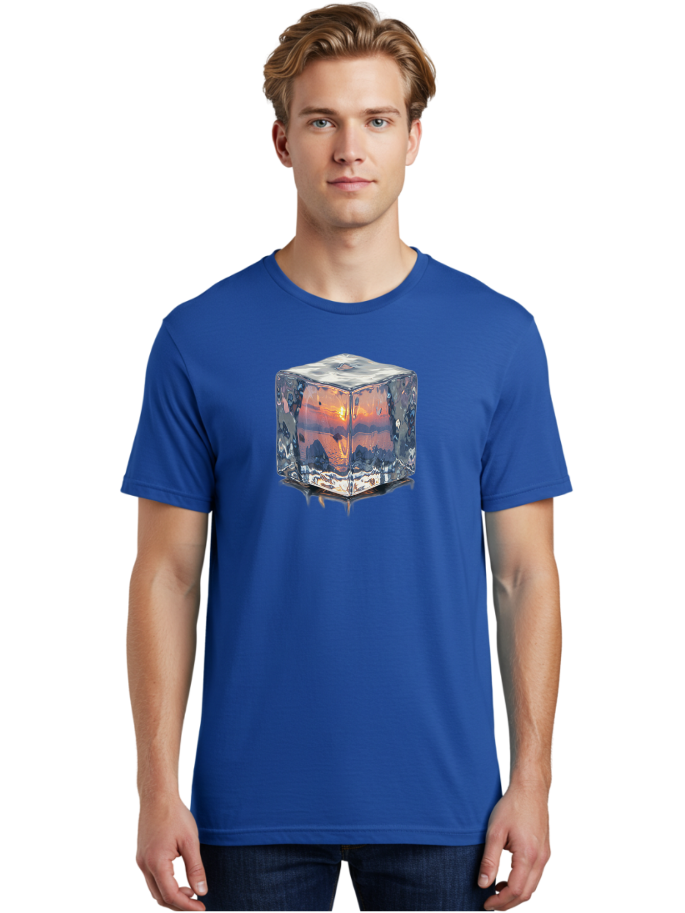 Ice-Cube-Sunset Men'S Graphic Tee, 100% Cotton, Comfortable Casual Summer Wear, Machine Washable, Ice Cube, Sunset Reflection, Ocean View, Rocky Landscape, Vibrant Orange, Cool Glass, Dramatic Scenery, Serene Atmosphere, Frozen Moment Bad207