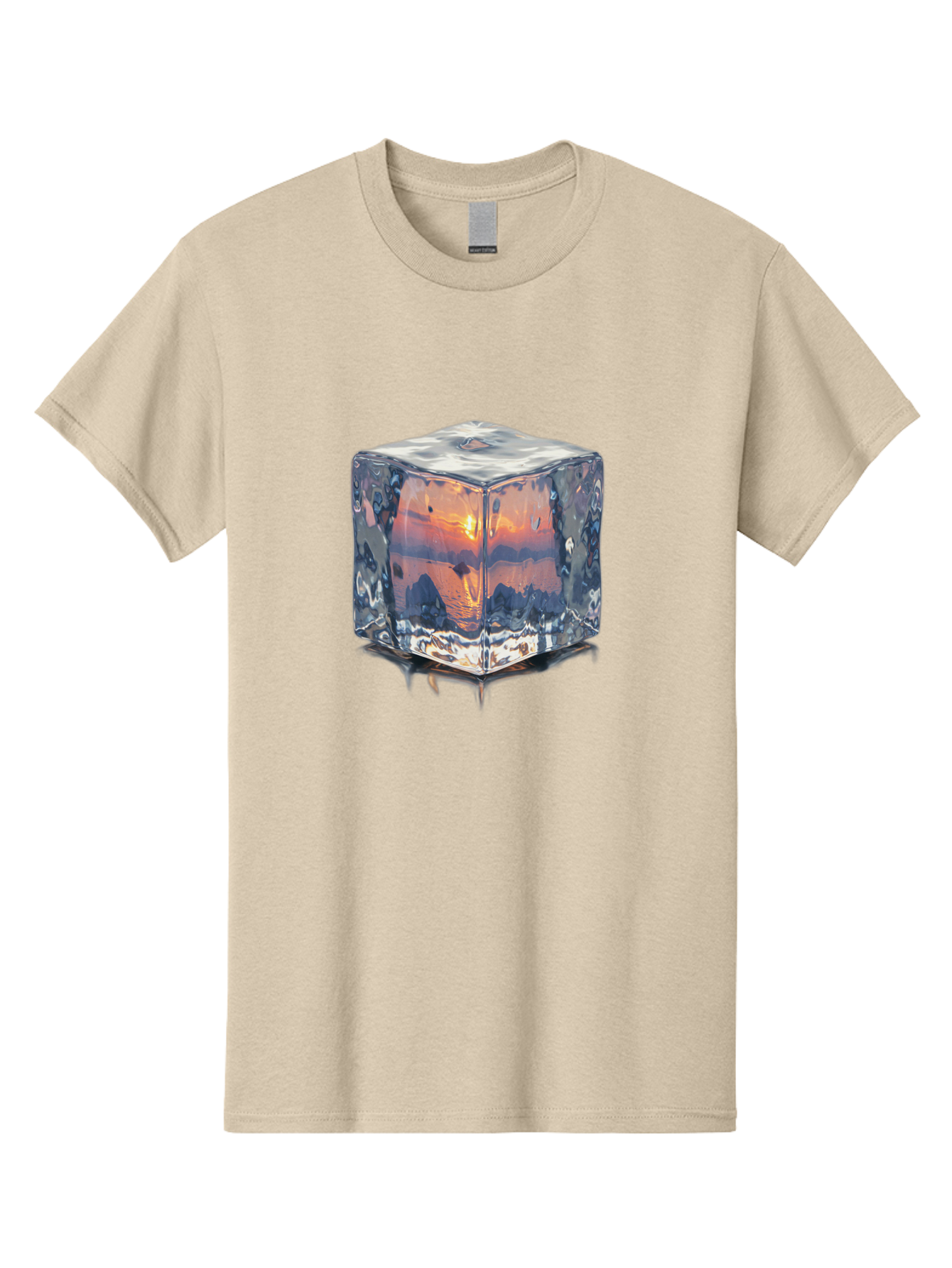 Ice-Cube-Sunset Men'S Graphic Tee, 100% Cotton, Comfortable Casual Summer Wear, Machine Washable, Ice Cube, Sunset Reflection, Ocean View, Rocky Landscape, Vibrant Orange, Cool Glass, Dramatic Scenery, Serene Atmosphere, Frozen Moment Bad207