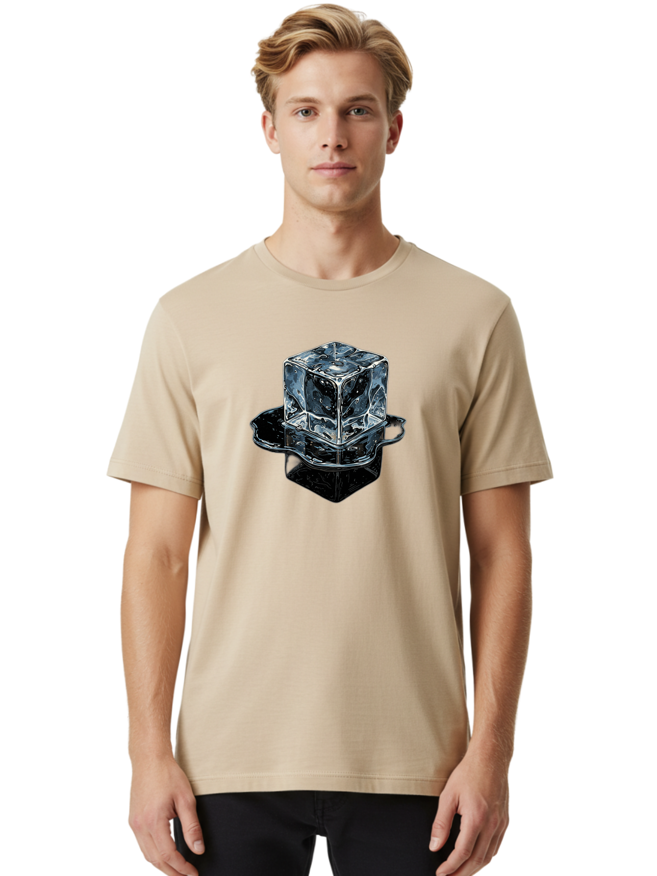 Ice-Cube Men'S Graphic Tee, 100% Cotton, Comfortable Casual Summer Wear, Machine Washable, Ice Cube, Transparent Ice, Water Droplets On Ice, Shiny Ice Cube, Reflective Surface, Cold Beverage, Modern Illustration, Ice On Black, Chilled Drink, Bad208