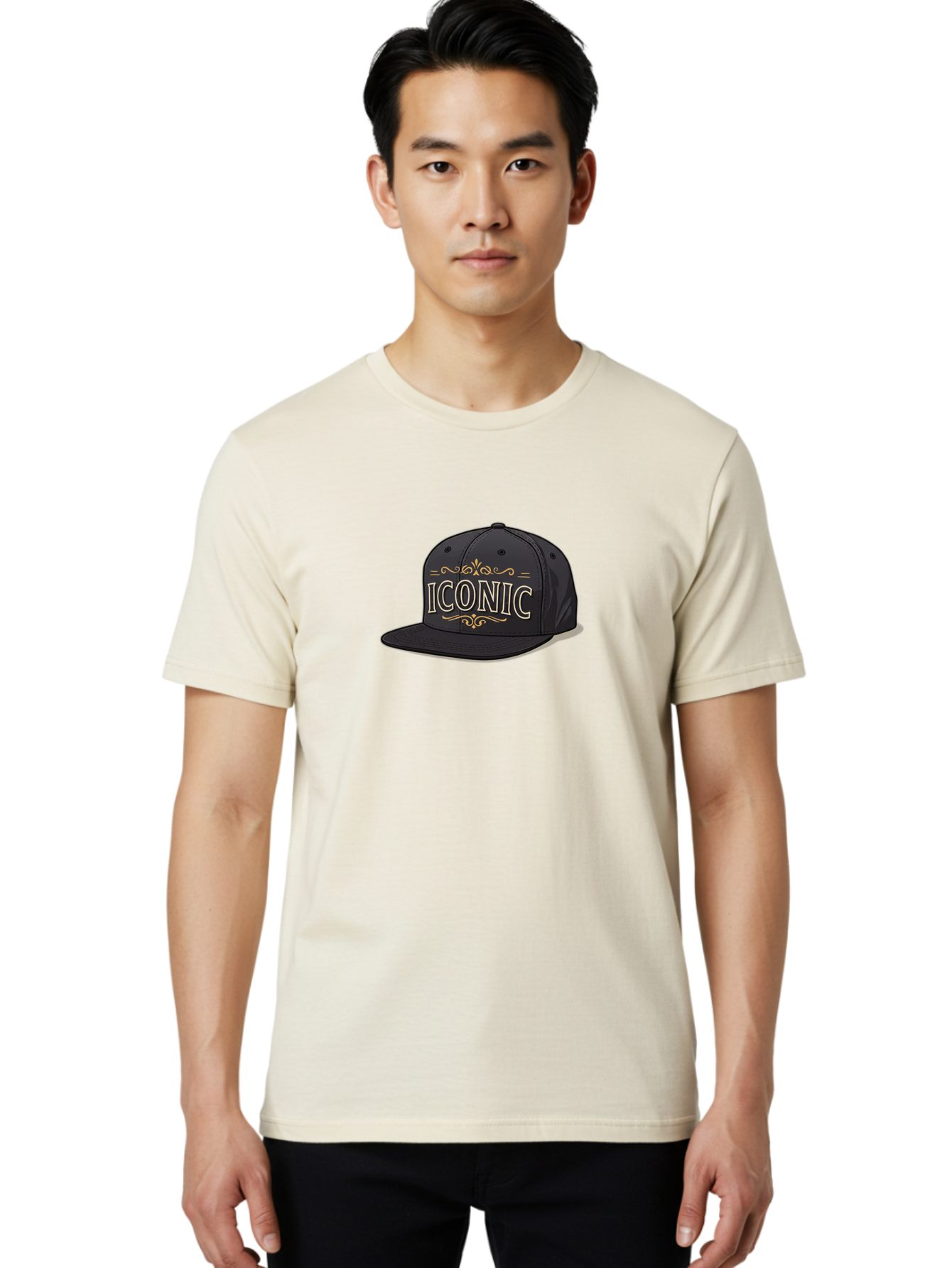 Iconic-Snapback-Hat Men'S Graphic Tee, 100% Cotton, Comfortable Casual Summer Wear, Machine Washable, Baseball Cap, Black Hat, Iconic Logo, Fashion Accessory, Trendy Headwear, Streetwear Style, Casual Wear, Hat Design, Gold Accents, Bad211