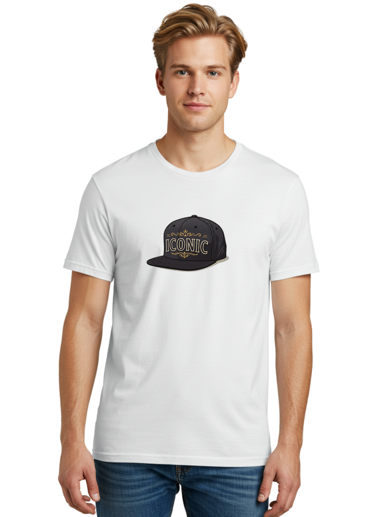 Iconic-Snapback-Hat Men'S Graphic Tee, 100% Cotton, Comfortable Casual Summer Wear, Machine Washable, Baseball Cap, Black Hat, Iconic Logo, Fashion Accessory, Trendy Headwear, Streetwear Style, Casual Wear, Hat Design, Gold Accents, Bad211