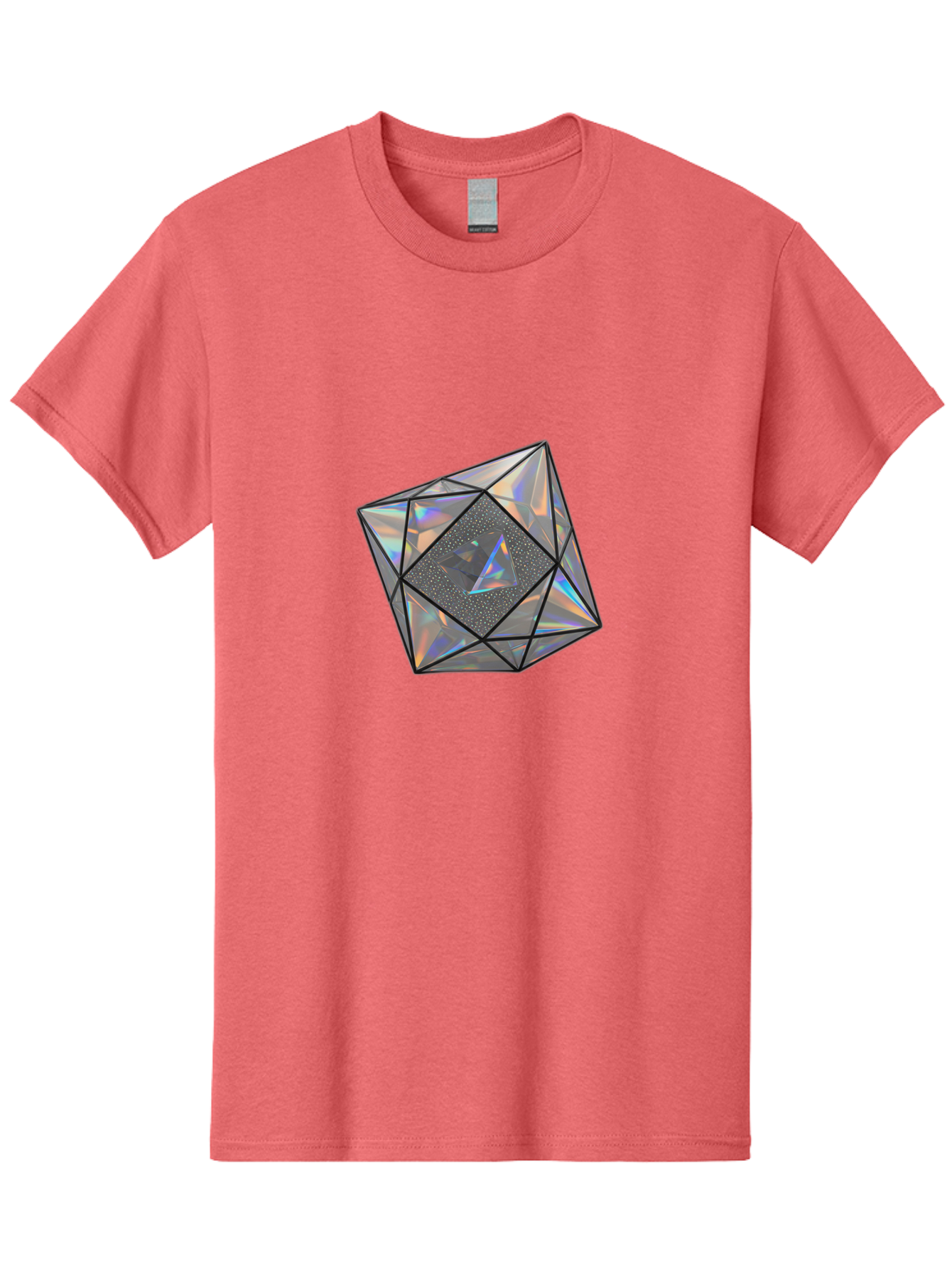 Icosahedron Men'S Graphic Tee, 100% Cotton, Comfortable Casual Summer Wear, Machine Washable, Geometric Shape, 3D Icosahedron, Holographic Effect, Iridescent Colors, Futuristic Design, Crystal-Like Appearance, Modern Art Bad212