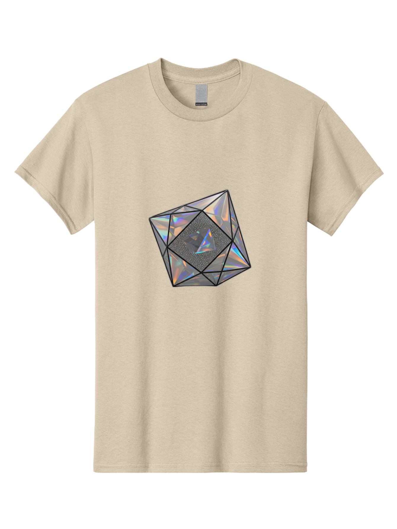 Icosahedron Men'S Graphic Tee, 100% Cotton, Comfortable Casual Summer Wear, Machine Washable, Geometric Shape, 3D Icosahedron, Holographic Effect, Iridescent Colors, Futuristic Design, Crystal-Like Appearance, Modern Art Bad212