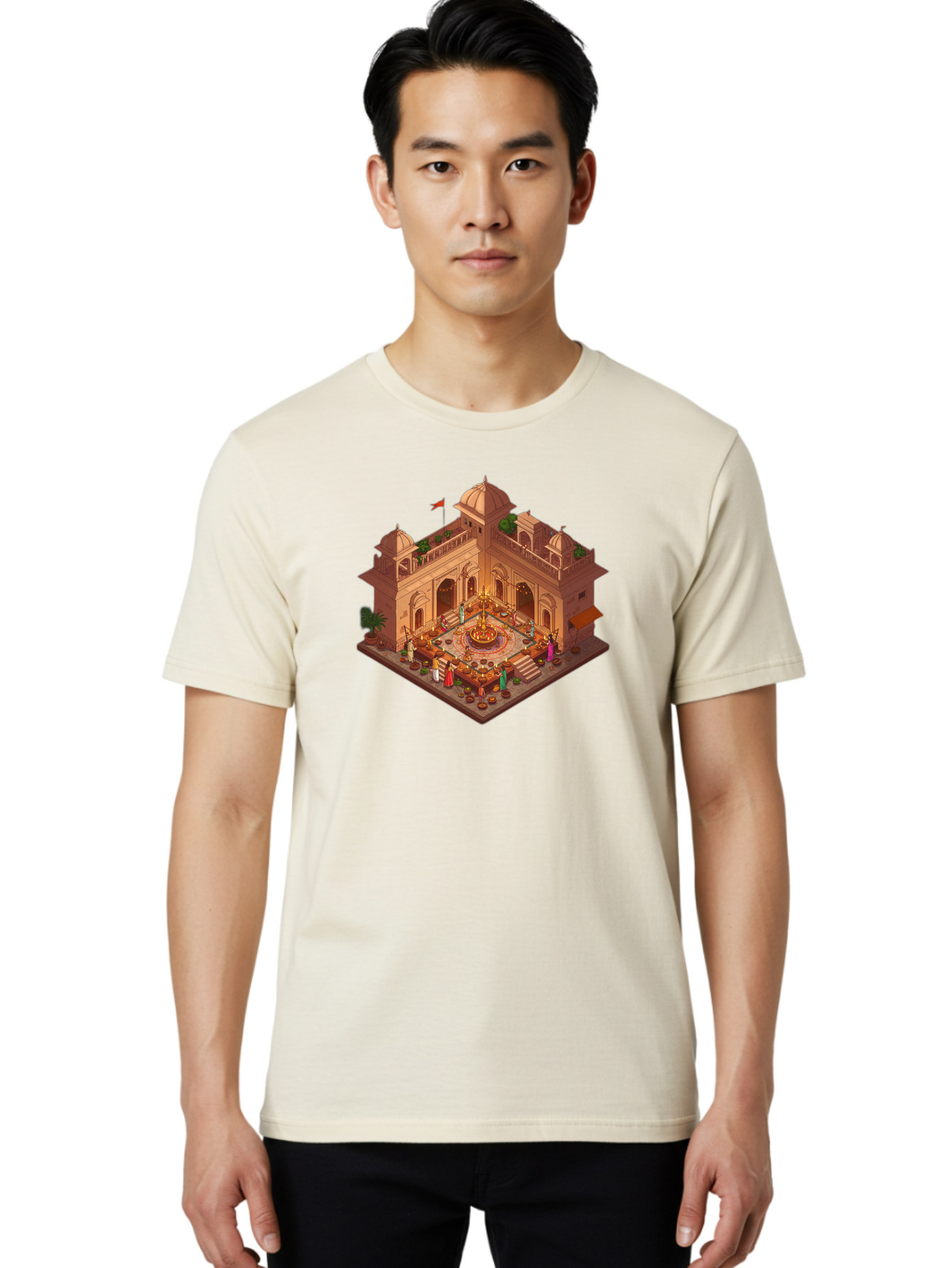 Indian-Palace Men'S Graphic Tee, 100% Cotton, Comfortable Casual Summer Wear, Machine Washable, Indian Palace, Isometric View, Hindu Temple, Cultural Gathering, Traditional Architecture, Vibrant Colors, Cultural Heritage, Ornate Details, Bad213