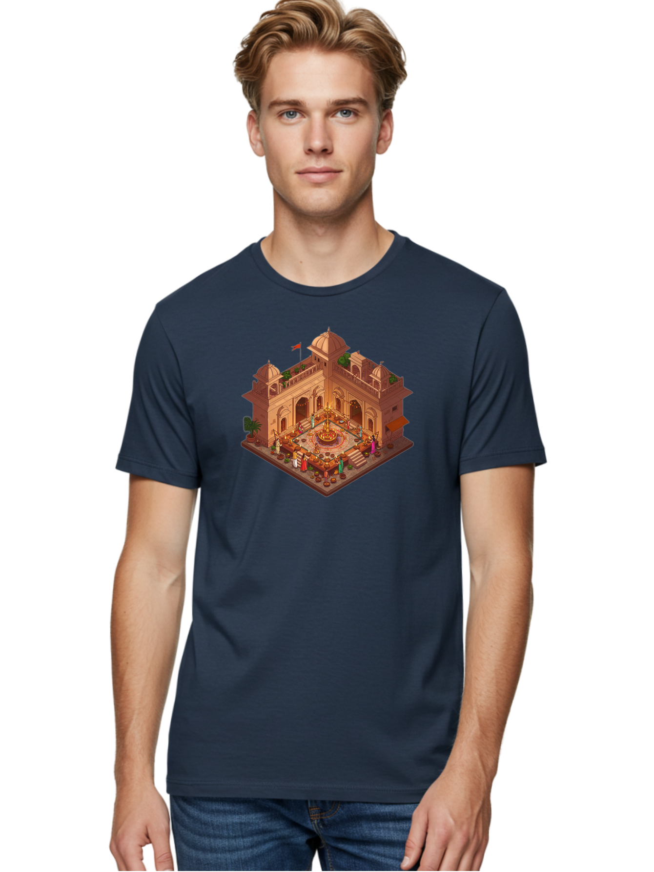 Indian-Palace Men'S Graphic Tee, 100% Cotton, Comfortable Casual Summer Wear, Machine Washable, Indian Palace, Isometric View, Hindu Temple, Cultural Gathering, Traditional Architecture, Vibrant Colors, Cultural Heritage, Ornate Details, Bad213