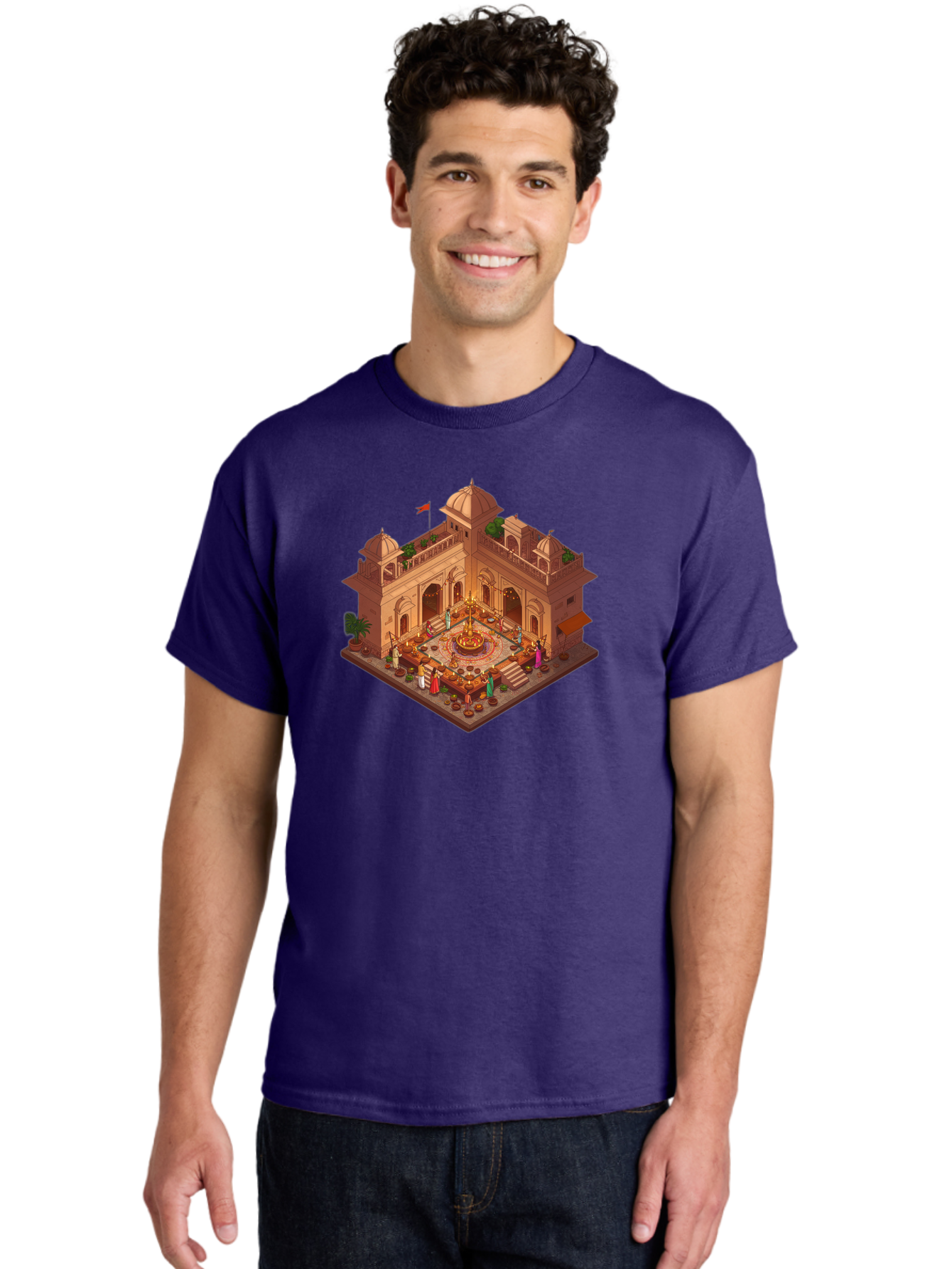 Indian-Palace Men'S Graphic Tee, 100% Cotton, Comfortable Casual Summer Wear, Machine Washable, Indian Palace, Isometric View, Hindu Temple, Cultural Gathering, Traditional Architecture, Vibrant Colors, Cultural Heritage, Ornate Details, Bad213