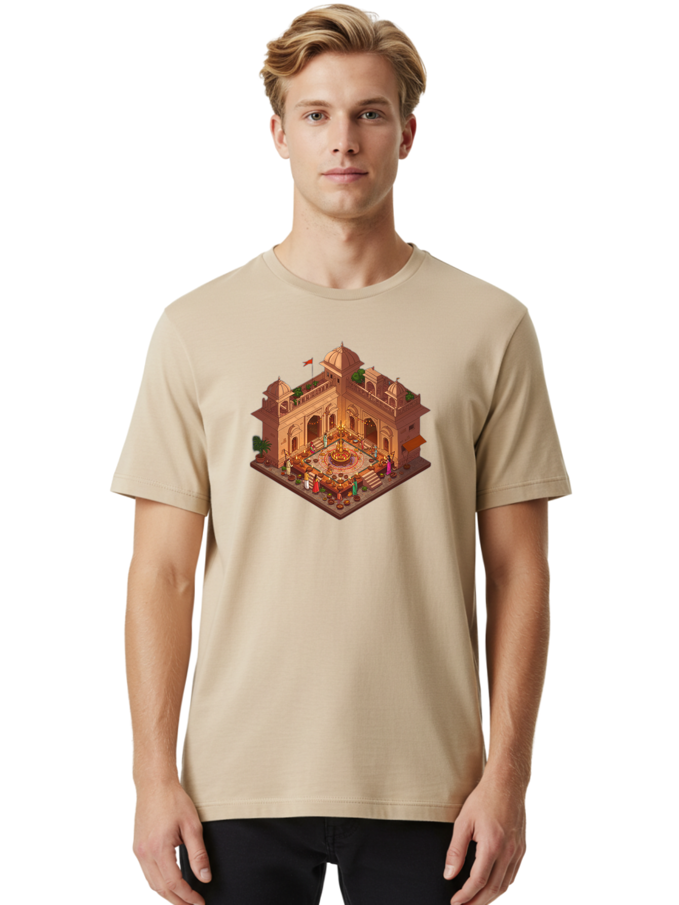 Indian-Palace Men'S Graphic Tee, 100% Cotton, Comfortable Casual Summer Wear, Machine Washable, Indian Palace, Isometric View, Hindu Temple, Cultural Gathering, Traditional Architecture, Vibrant Colors, Cultural Heritage, Ornate Details, Bad213