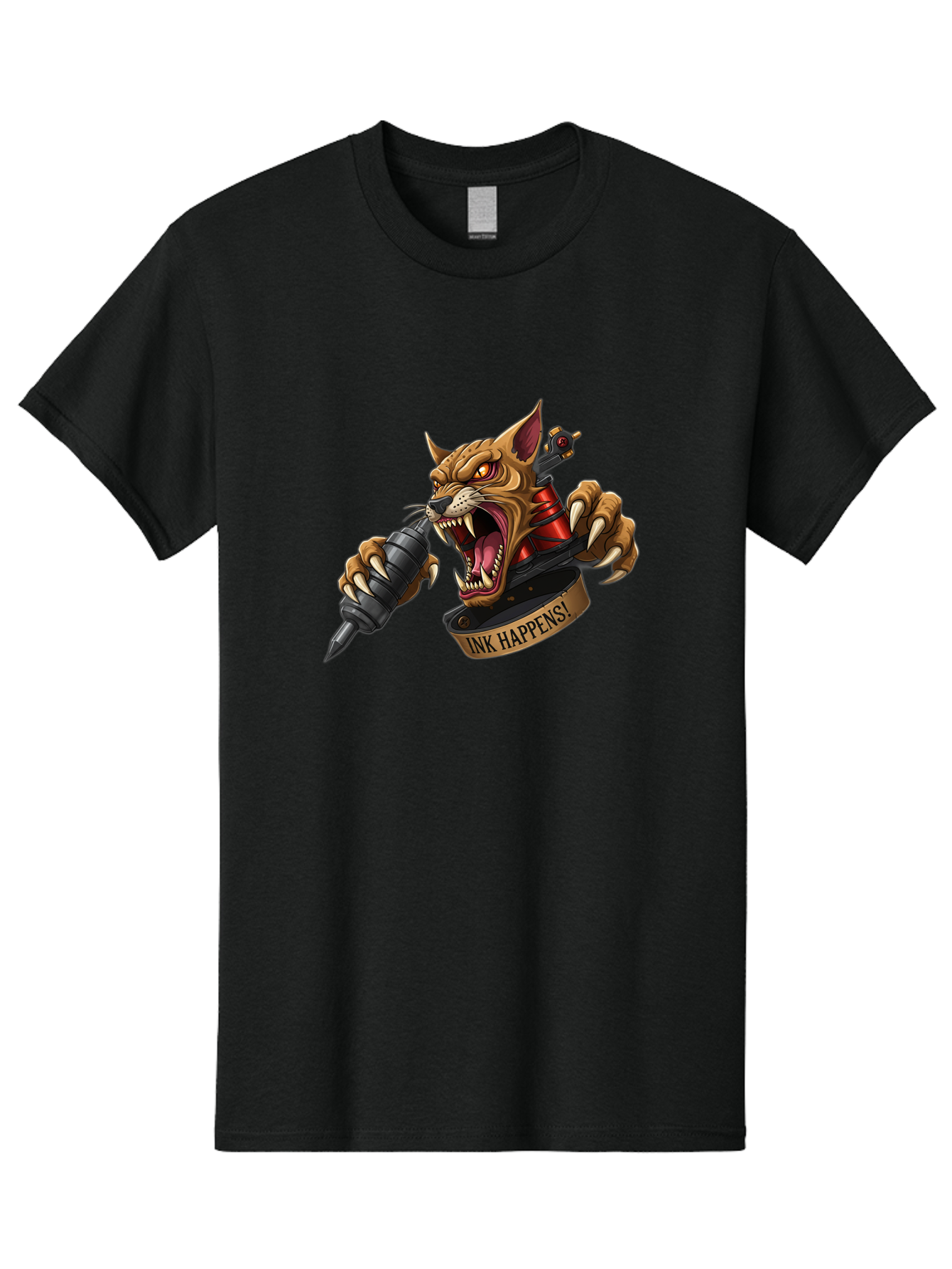 Ink-Happens-1 Men'S Graphic Tee, 100% Cotton, Comfortable Casual Summer Wear, Machine Washable, Tattoo Machine, Snarling Cat, Aggressive Animal, Ink Art, Tattoo Culture, Body Art, Tattoo Design, Cat Tattoo, Ink Happens! Bad215