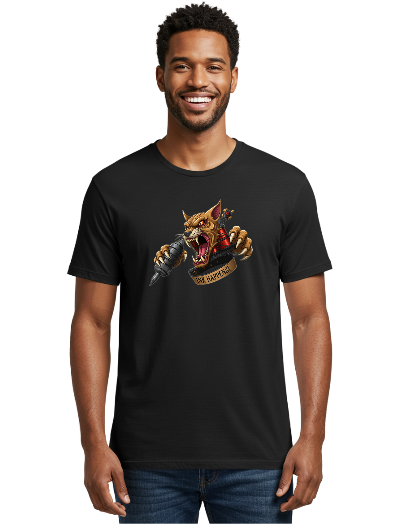 Ink-Happens-1 Men'S Graphic Tee, 100% Cotton, Comfortable Casual Summer Wear, Machine Washable, Tattoo Machine, Snarling Cat, Aggressive Animal, Ink Art, Tattoo Culture, Body Art, Tattoo Design, Cat Tattoo, Ink Happens! Bad215
